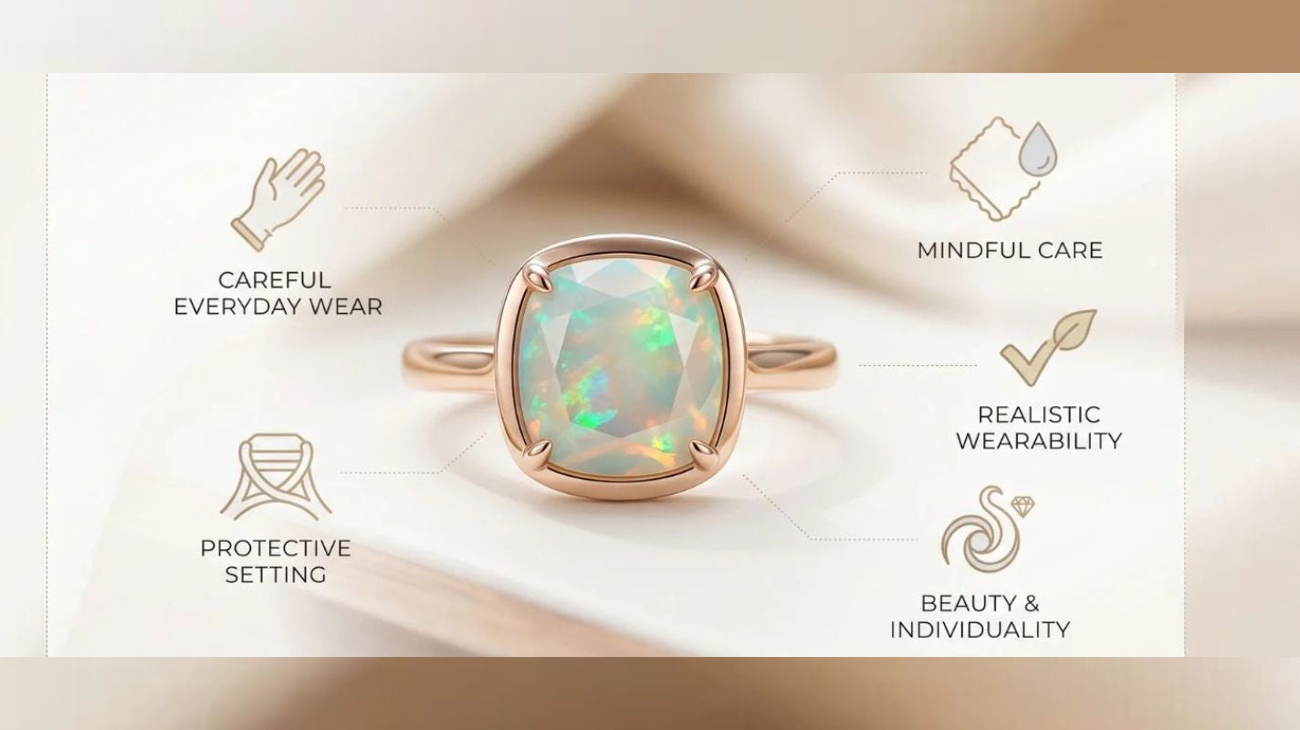 Infographic-style Ethiopian opal ring banner showing careful everyday wear, protective setting, mindful care, realistic wearability, and beauty with individuality.