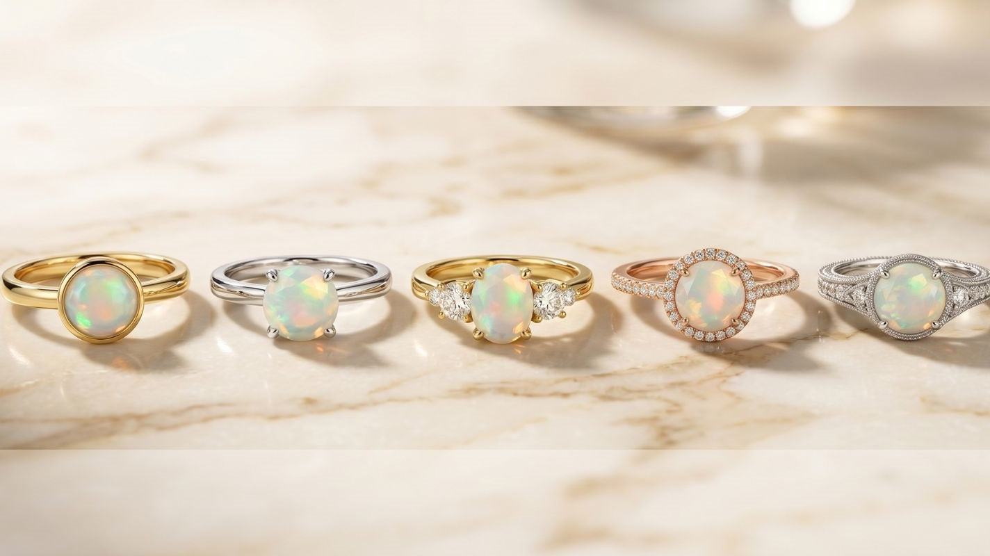 A horizontal lineup of five Ethiopian opal rings in various gold settings, including bezel, prong, three-stone, halo, and vintage styles, displayed on a marble surface to show different jewelry mounting options.