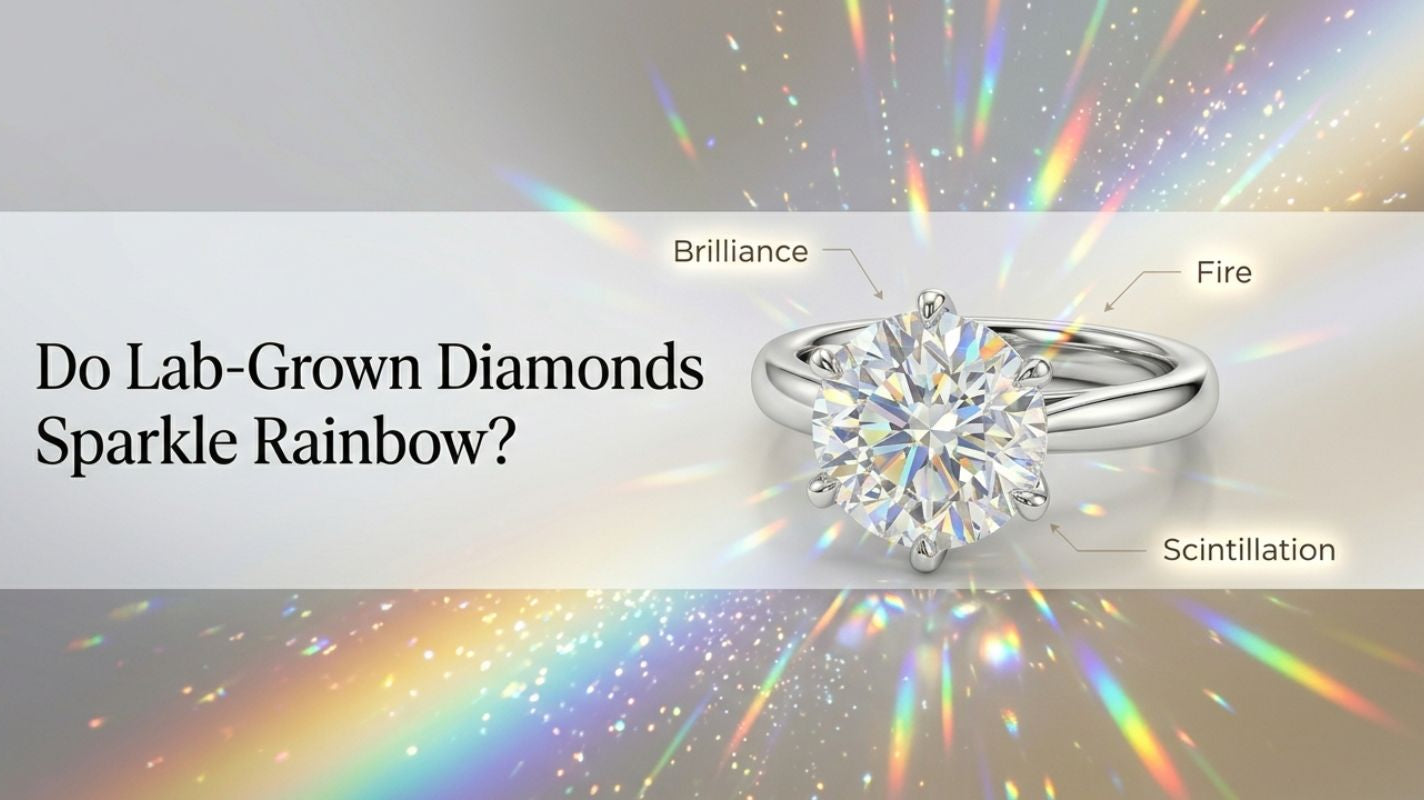 Lab-grown diamond ring showing rainbow sparkle, brilliance, fire, and scintillation in a luxury hero banner