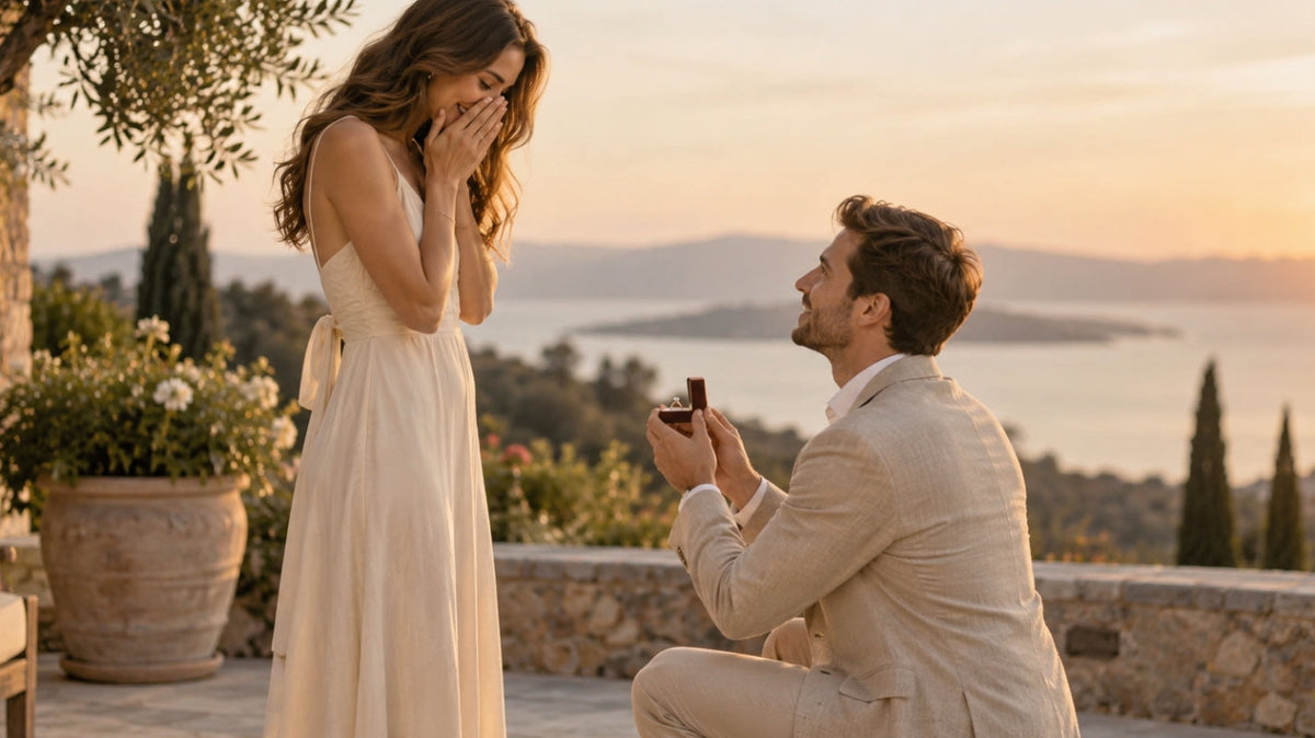Man kneels with an engagement ring box while proposing to his surprised partner on a romantic terrace at golden hour.