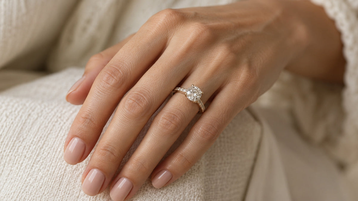 Woman’s hand wearing a coordinated diamond engagement ring and wedding bands in an elegant bridal stack.