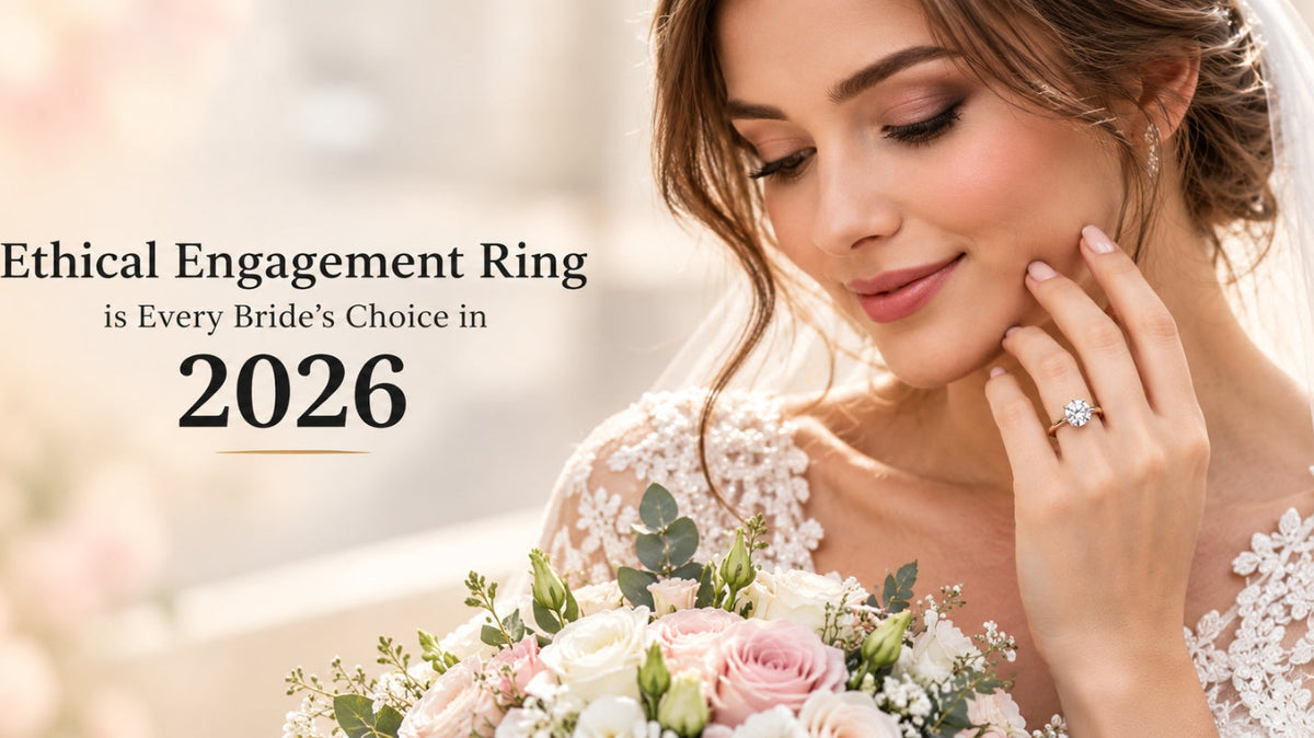 Bride in a lace wedding dress displaying a solitaire engagement ring beside the headline about ethical engagement rings in 2026.