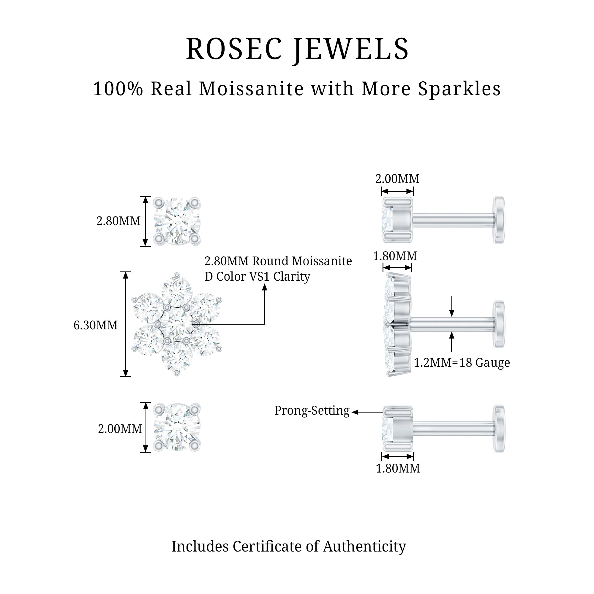 Moissanite Flower Triple Earrings Set for Cartilage Piercing D-VS1 - Rosec Jewels