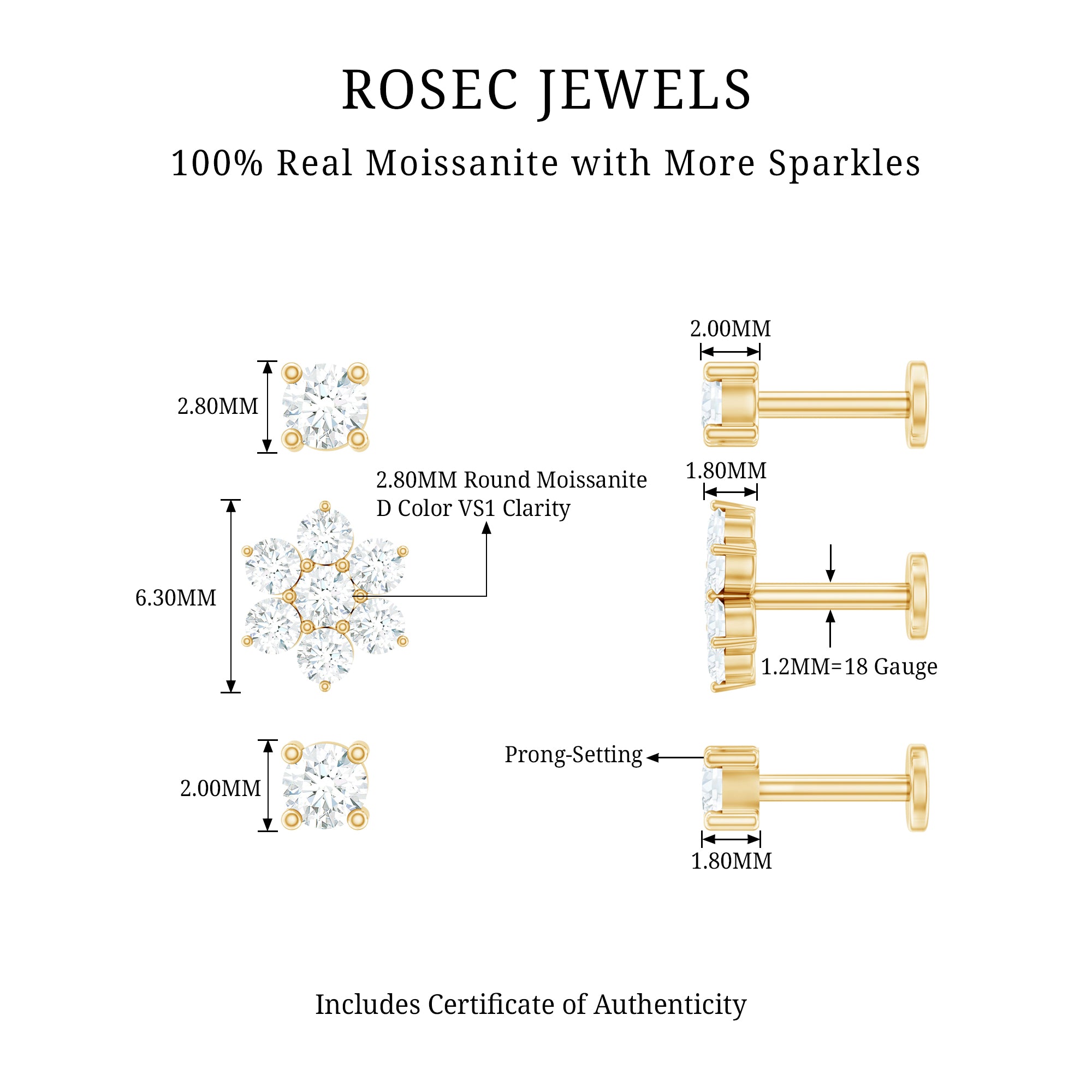 Moissanite Flower Triple Earrings Set for Cartilage Piercing D-VS1 - Rosec Jewels