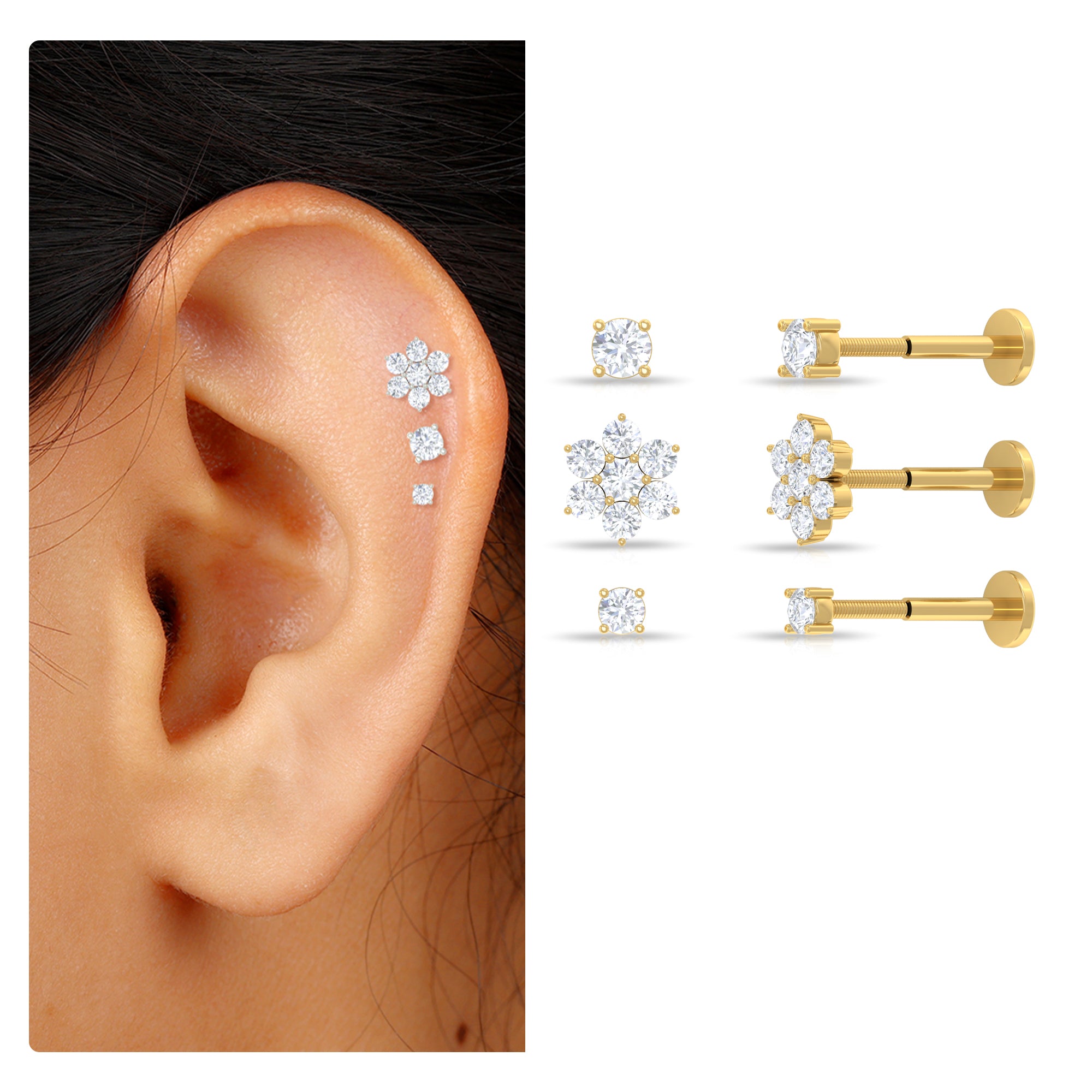 Moissanite Flower Triple Earrings Set for Cartilage Piercing D-VS1 - Rosec Jewels
