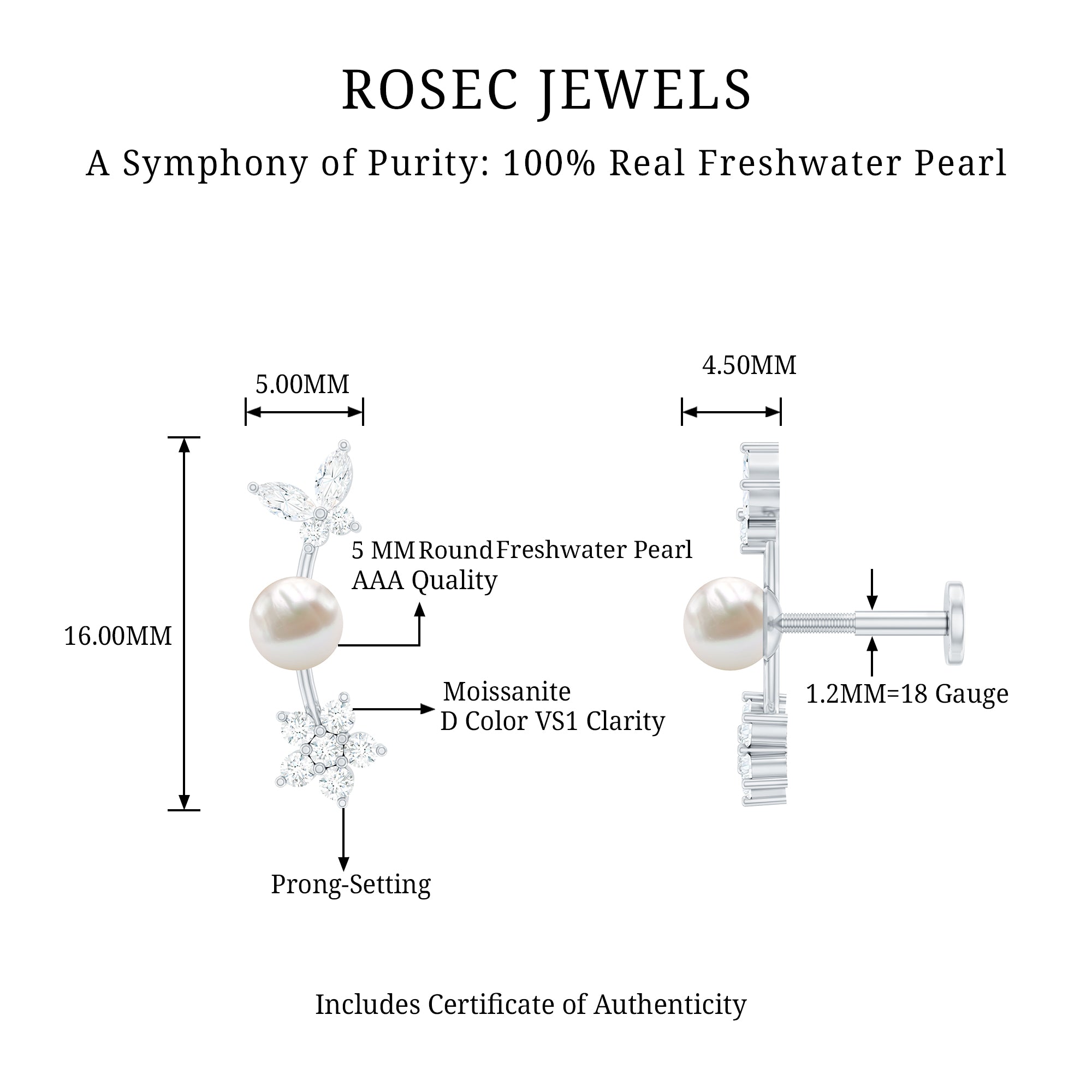 Nature Inspired Freshwater Pearl and Diamond Crawler Earring AAA - Rosec Jewels