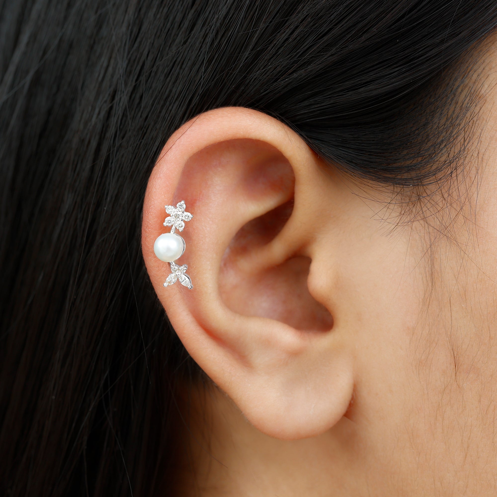 Nature Inspired Freshwater Pearl and Diamond Crawler Earring AAA - Rosec Jewels