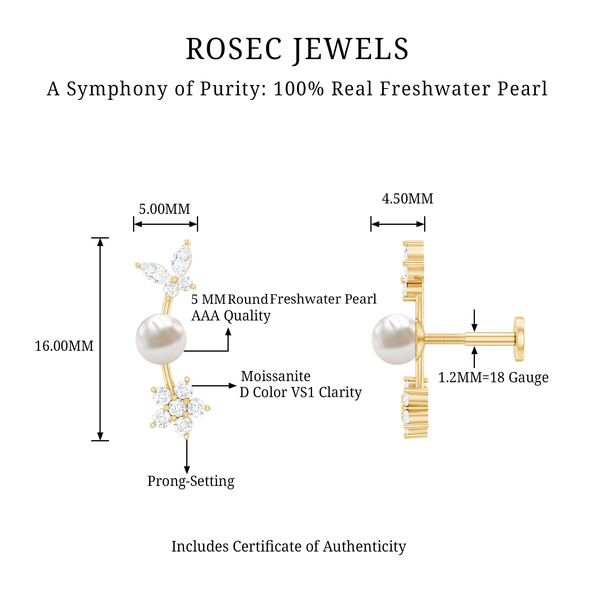 Nature Inspired Freshwater Pearl and Diamond Crawler Earring AAA - Rosec Jewels