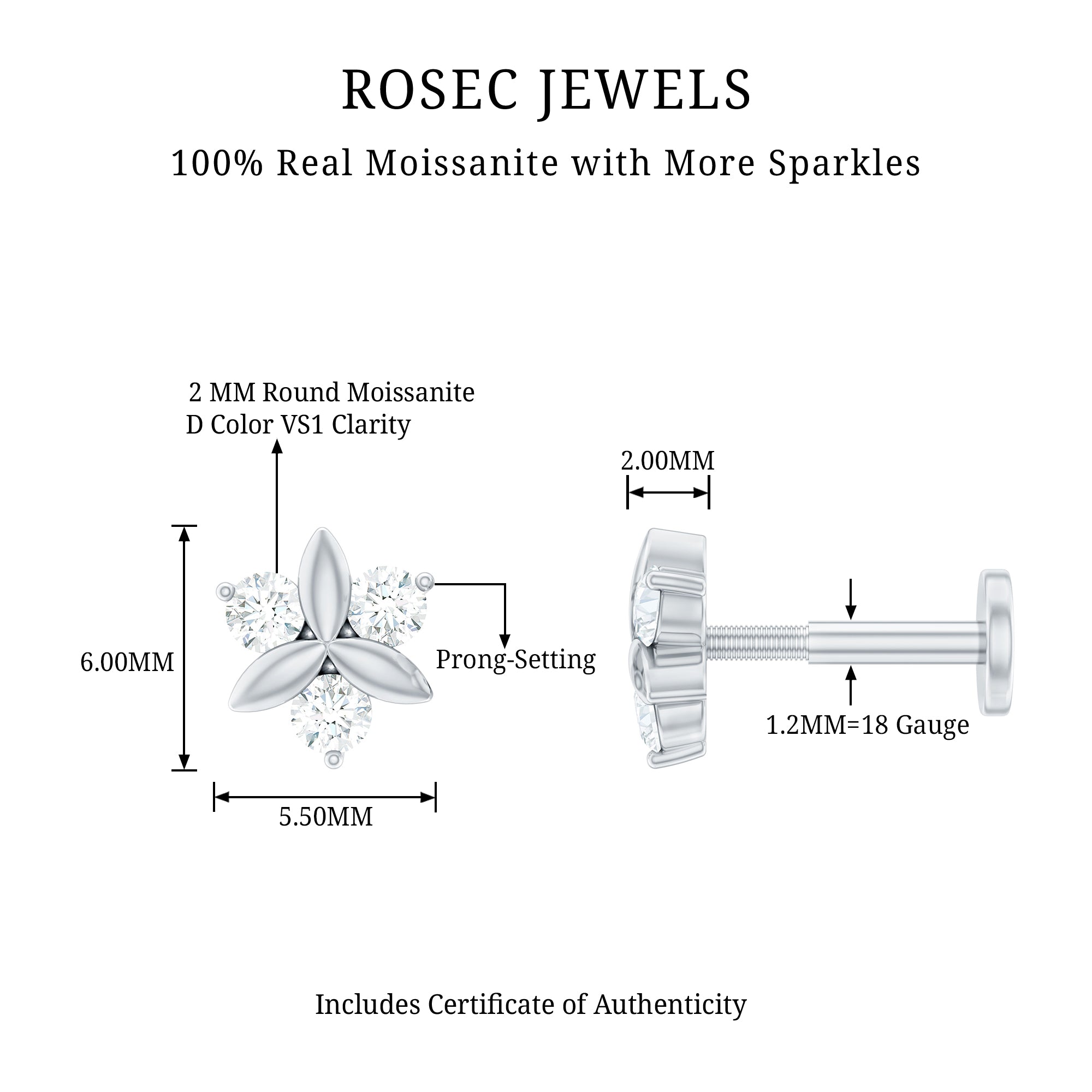Round Moissanite Flower Cartilage Earring D-VS1 - Rosec Jewels