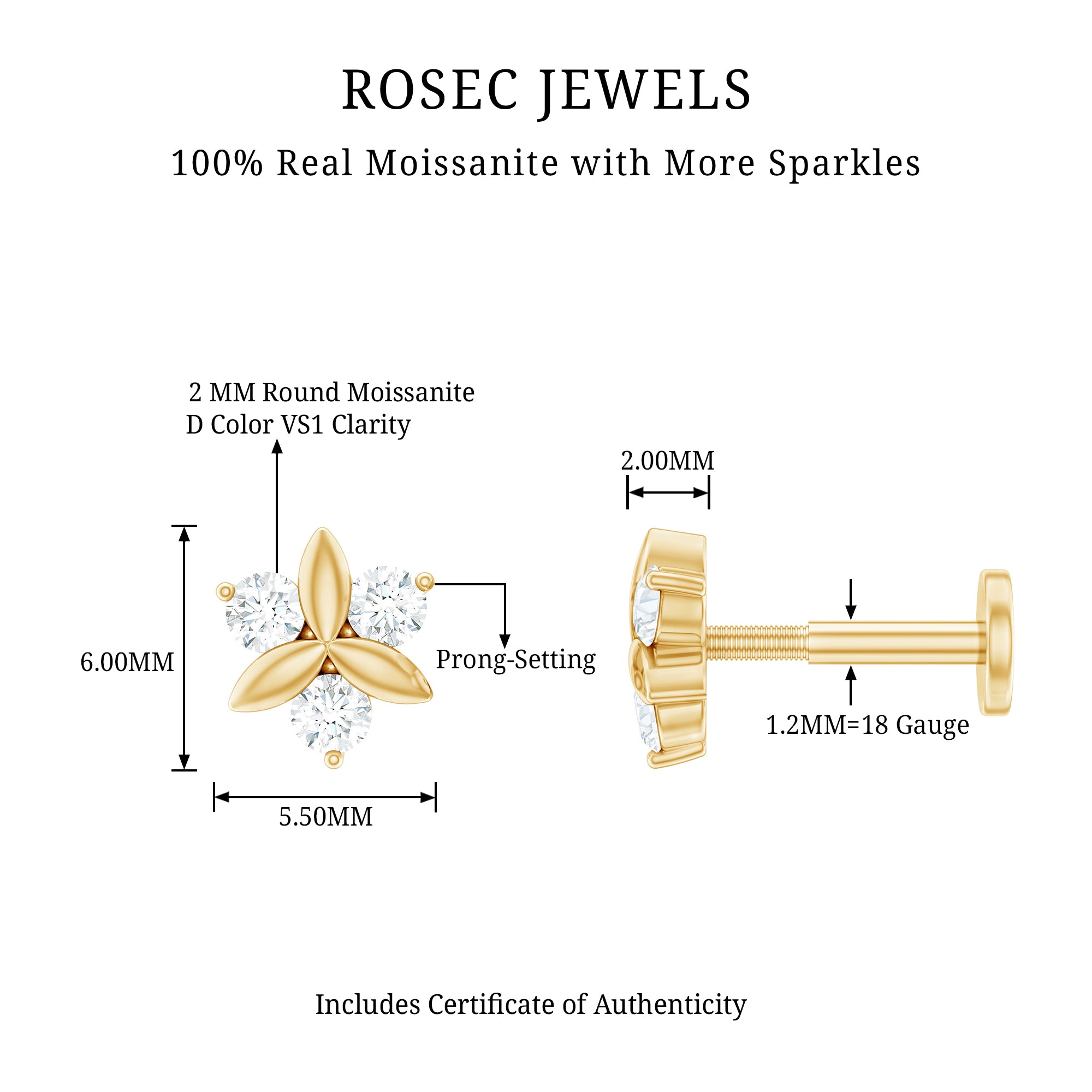 Round Moissanite Flower Cartilage Earring D-VS1 - Rosec Jewels