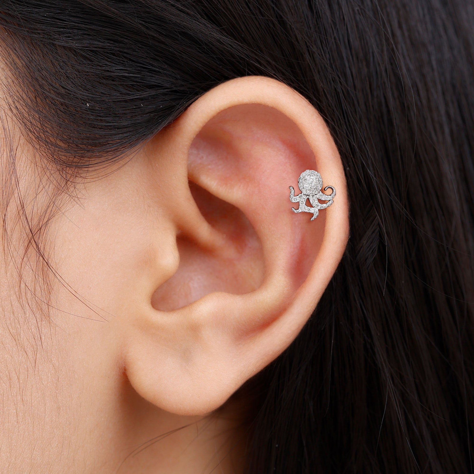 Moissanite Octopus Earring for Cartilage Piercing D-VS1 - Rosec Jewels