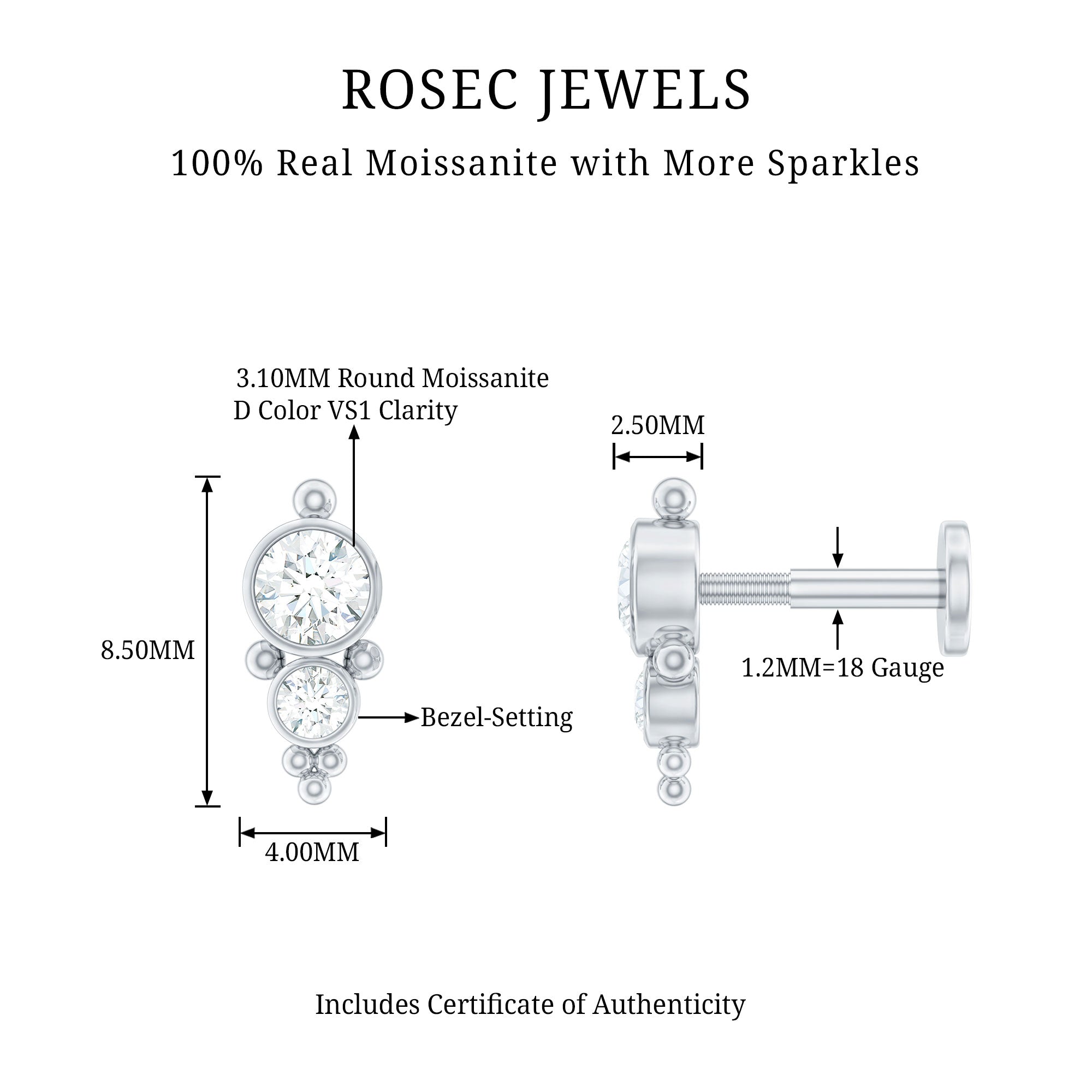 Simple Bezel Set Moissanite Two Stone Tragus Earring D-VS1 - Rosec Jewels