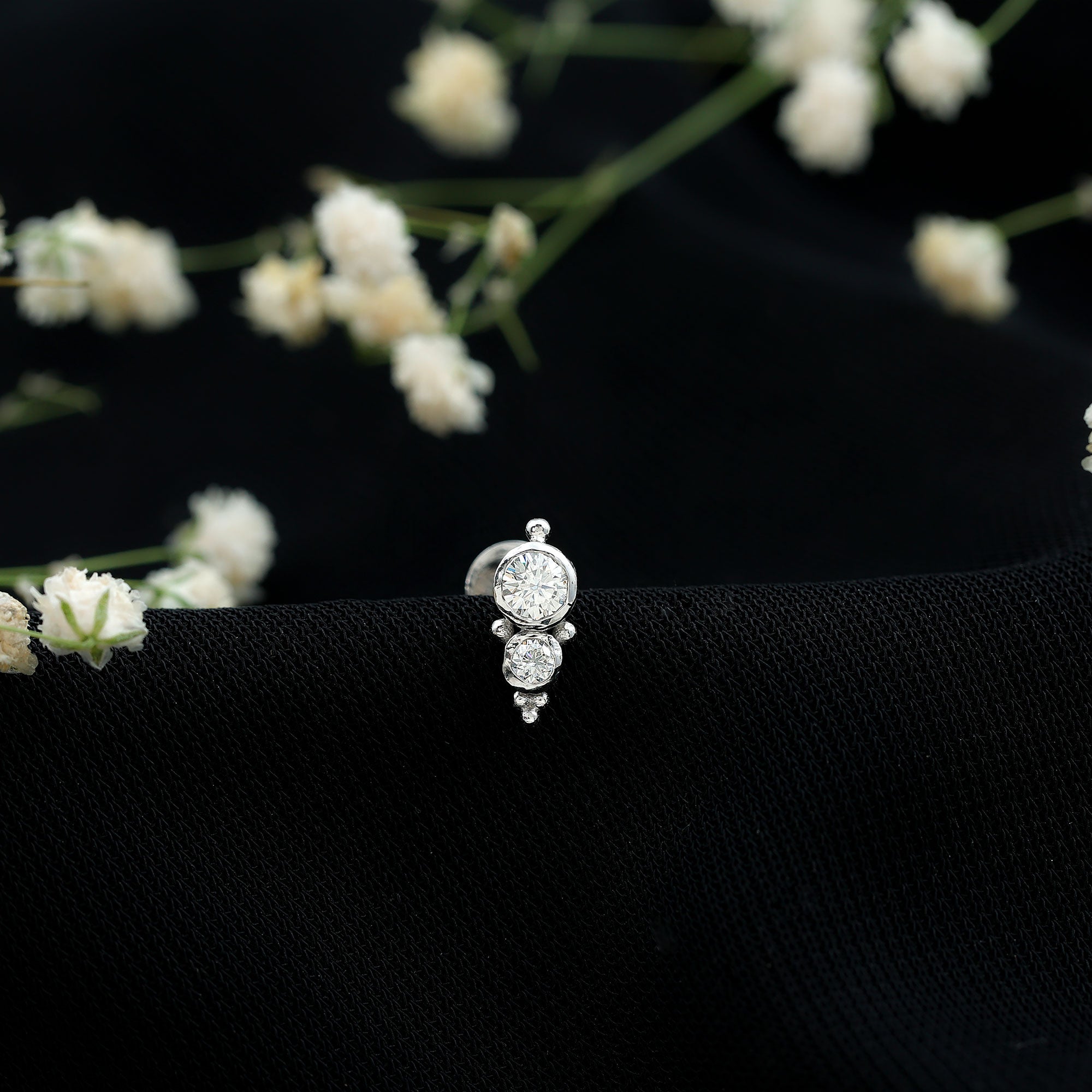Simple Bezel Set Moissanite Two Stone Tragus Earring D-VS1 - Rosec Jewels