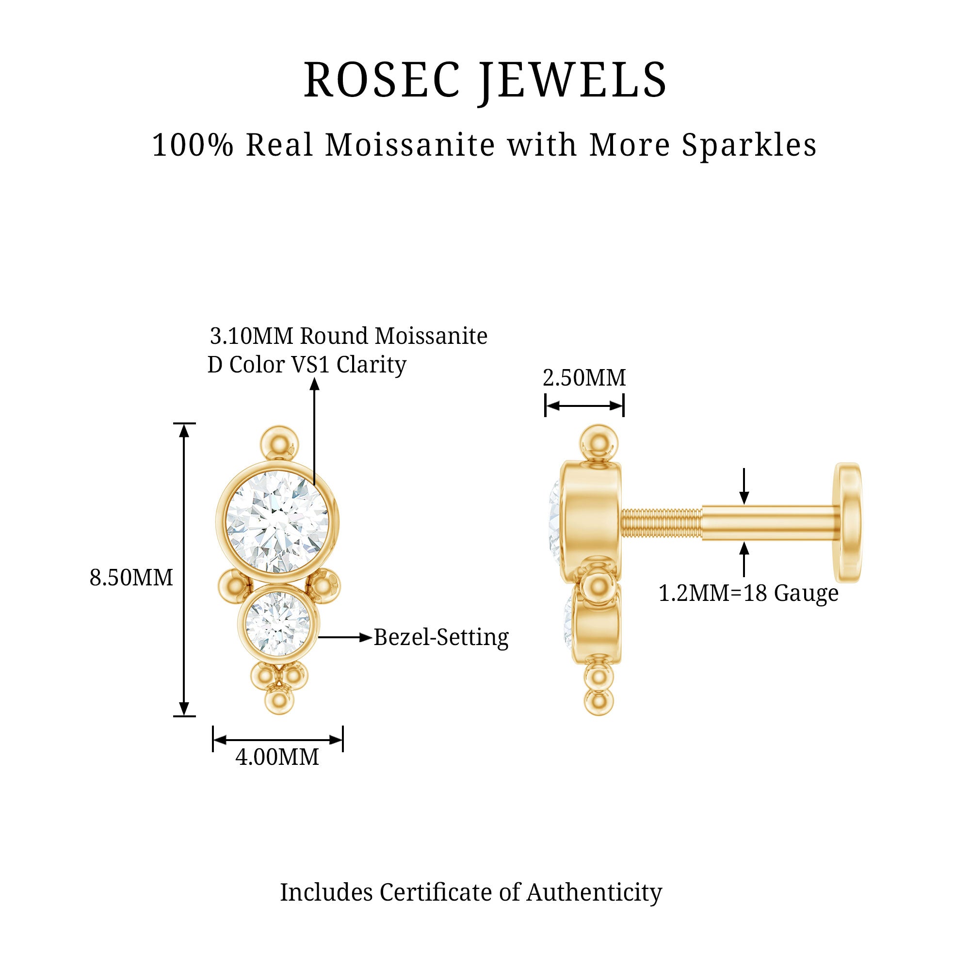 Simple Bezel Set Moissanite Two Stone Tragus Earring D-VS1 - Rosec Jewels