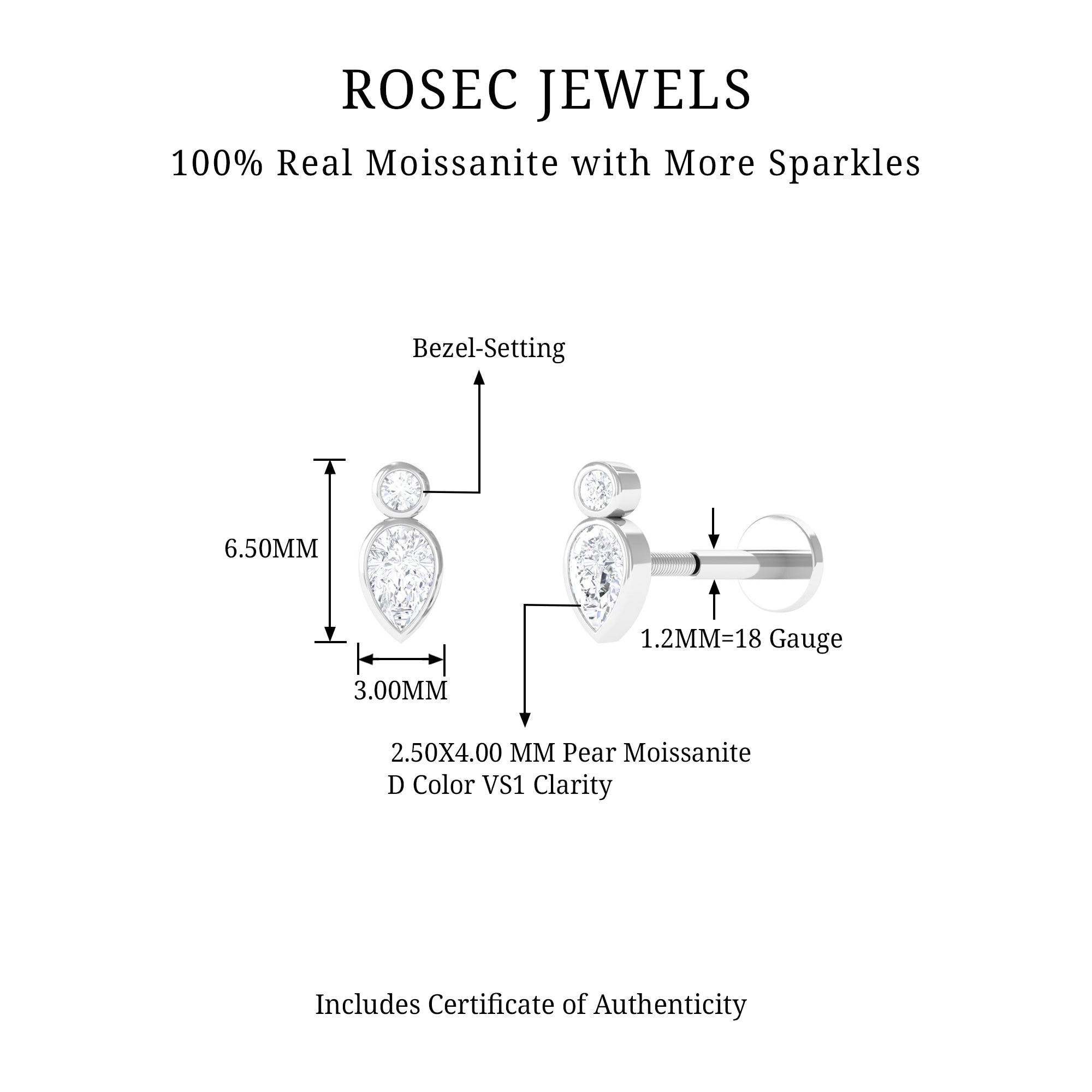 Pear and Round Moissanite Dainty Tragus Earring D-VS1 - Rosec Jewels