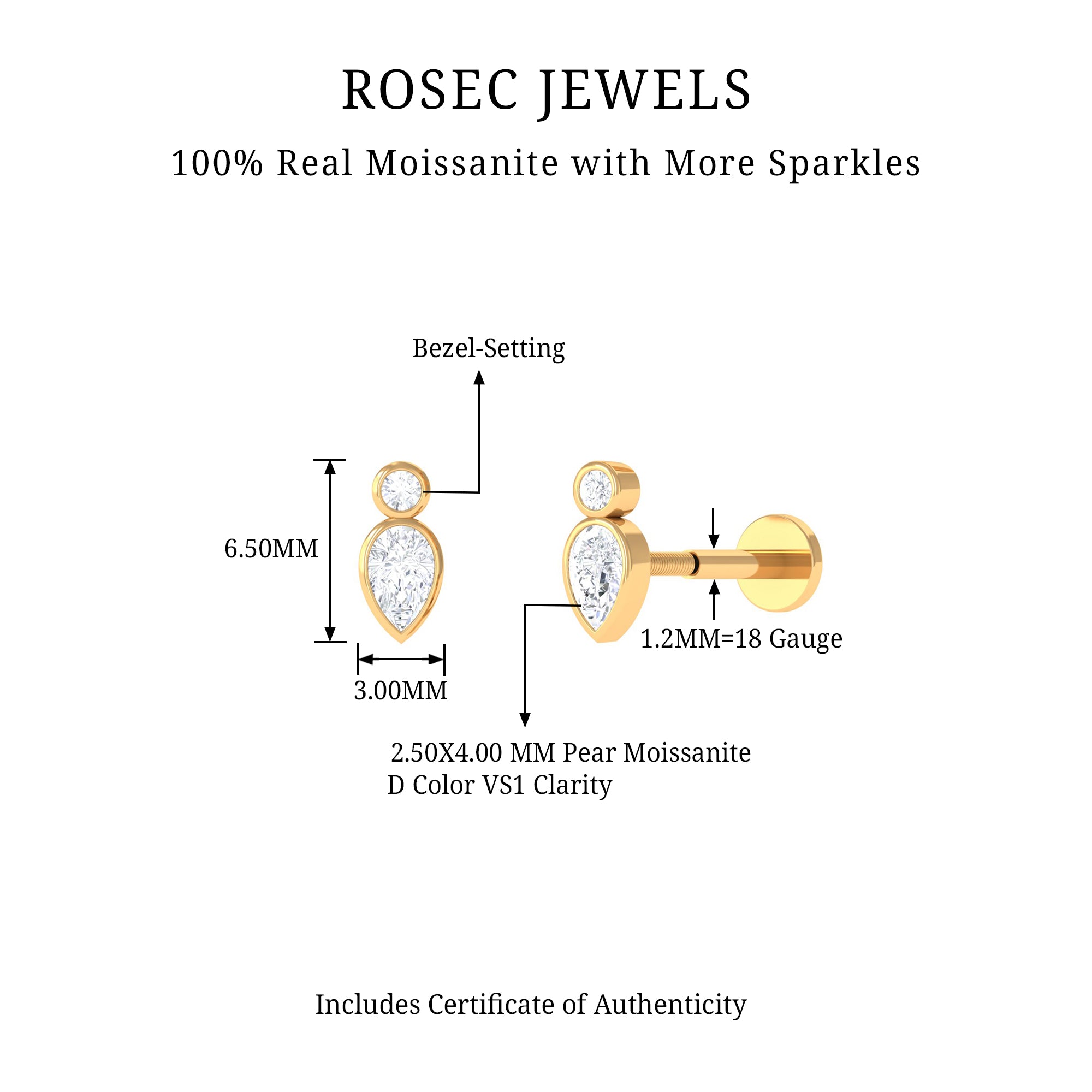 Pear and Round Moissanite Dainty Tragus Earring D-VS1 - Rosec Jewels