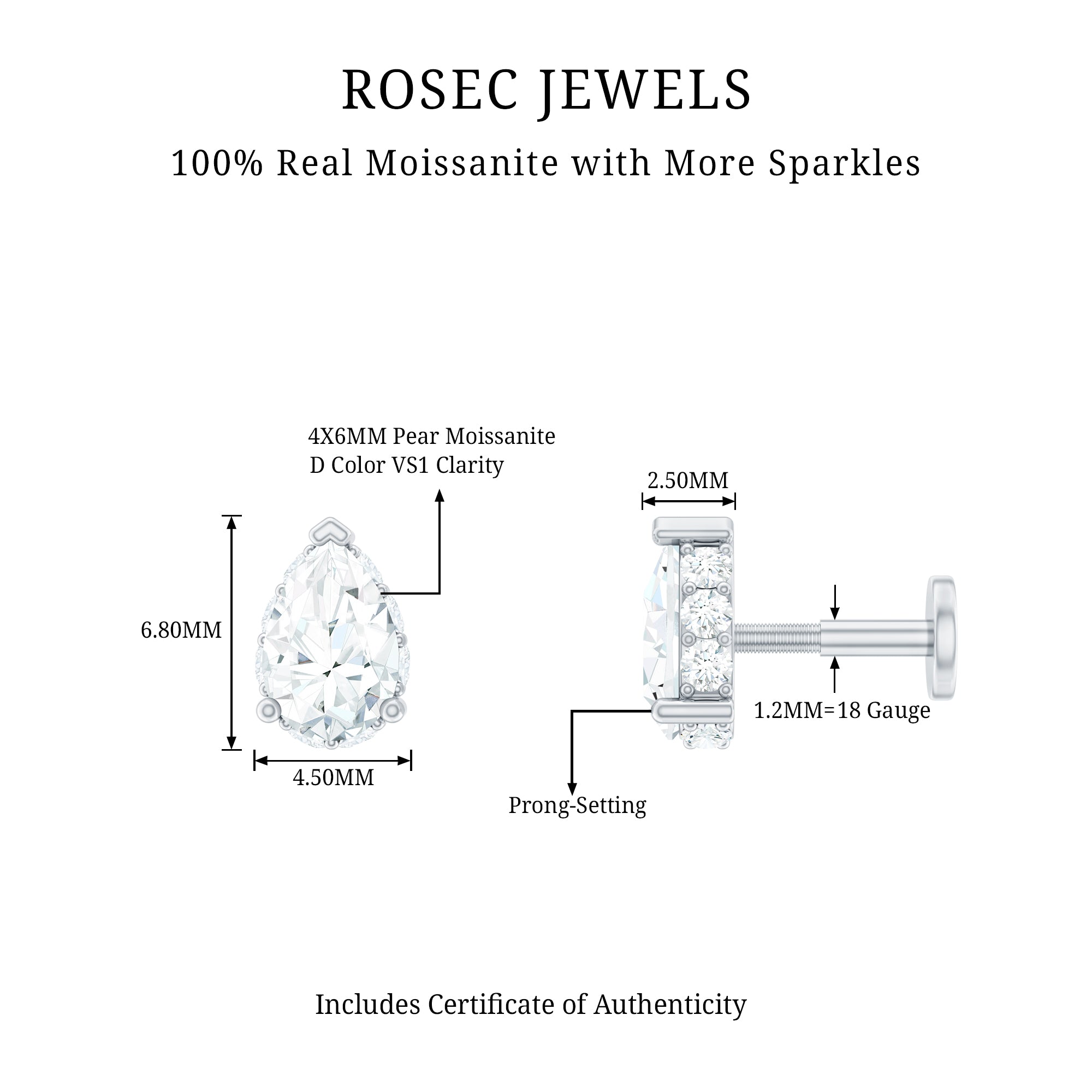 Certified Moissanite Teardrop Helix Earring for Women D-VS1 - Rosec Jewels