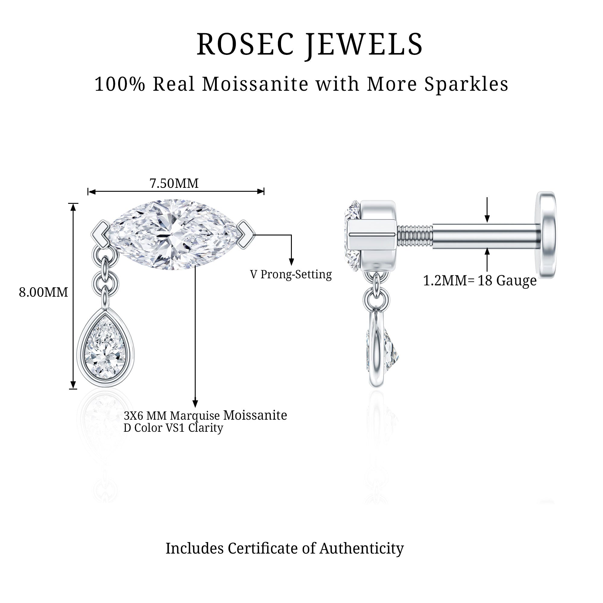 Marquise Moissanite Dangle Cartilage Earring D-VS1 - Rosec Jewels