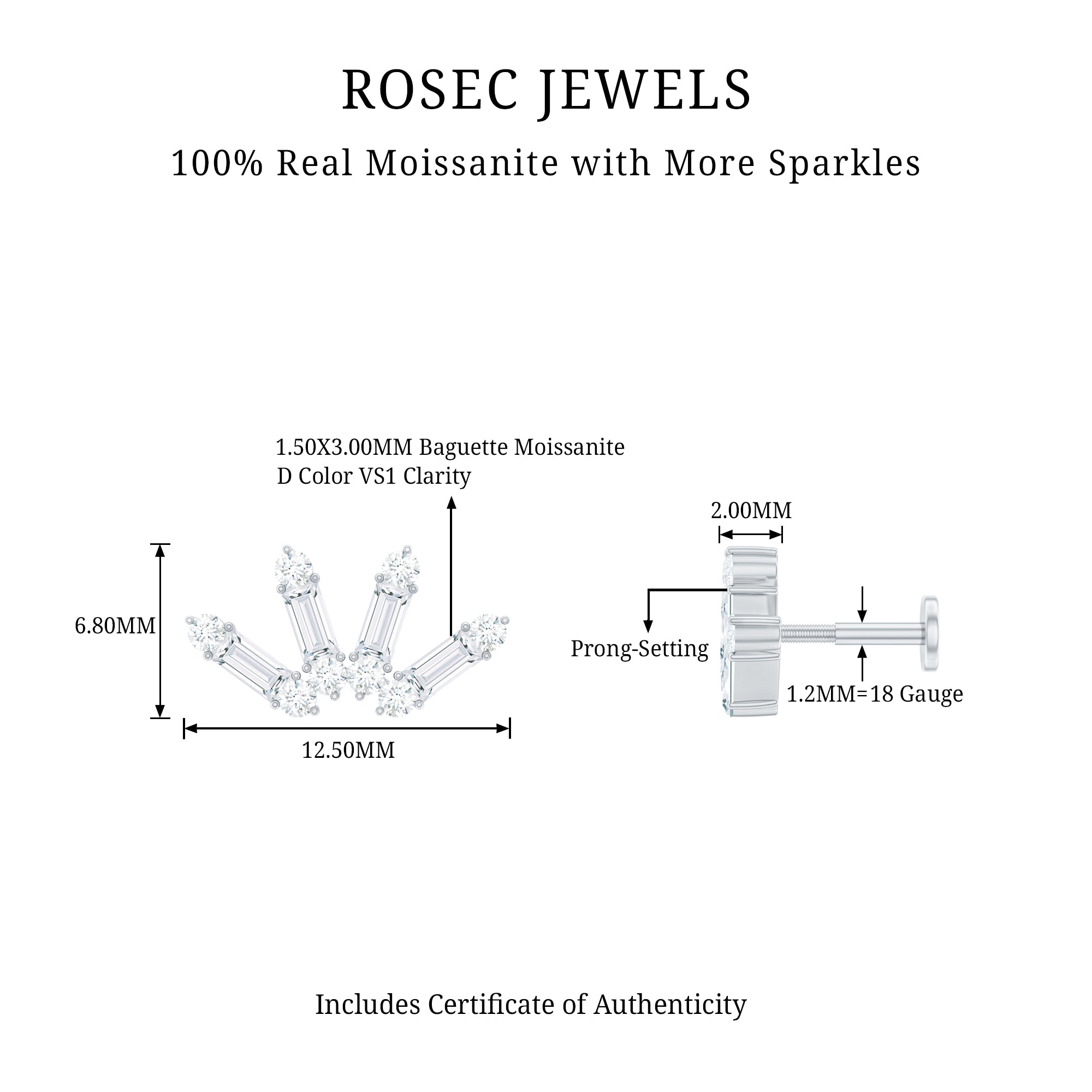 Baguette Moissanite Curved Cartilage Earring D-VS1 - Rosec Jewels