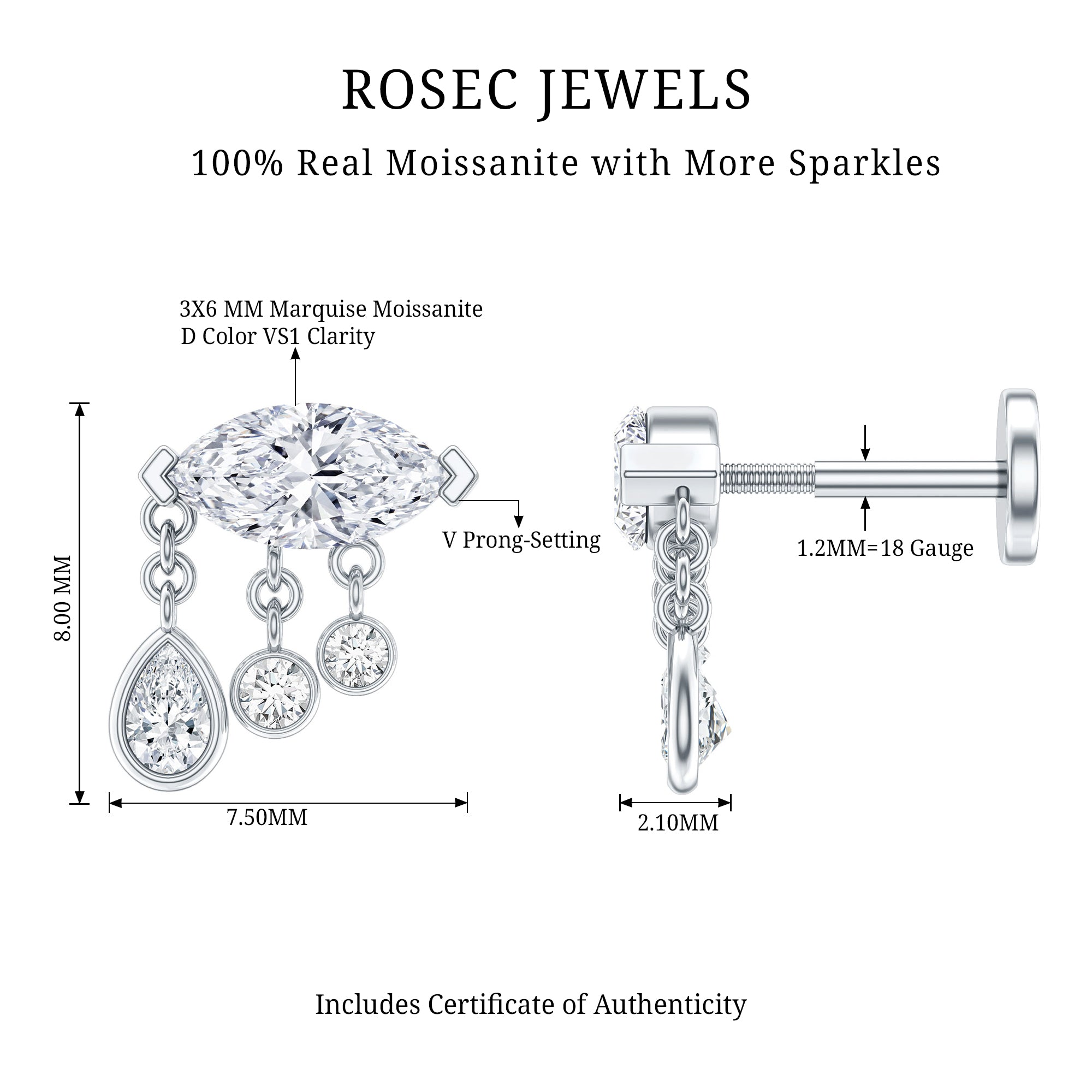Marquise Cut Moissanite Cartilage Dangle Earring D-VS1 - Rosec Jewels