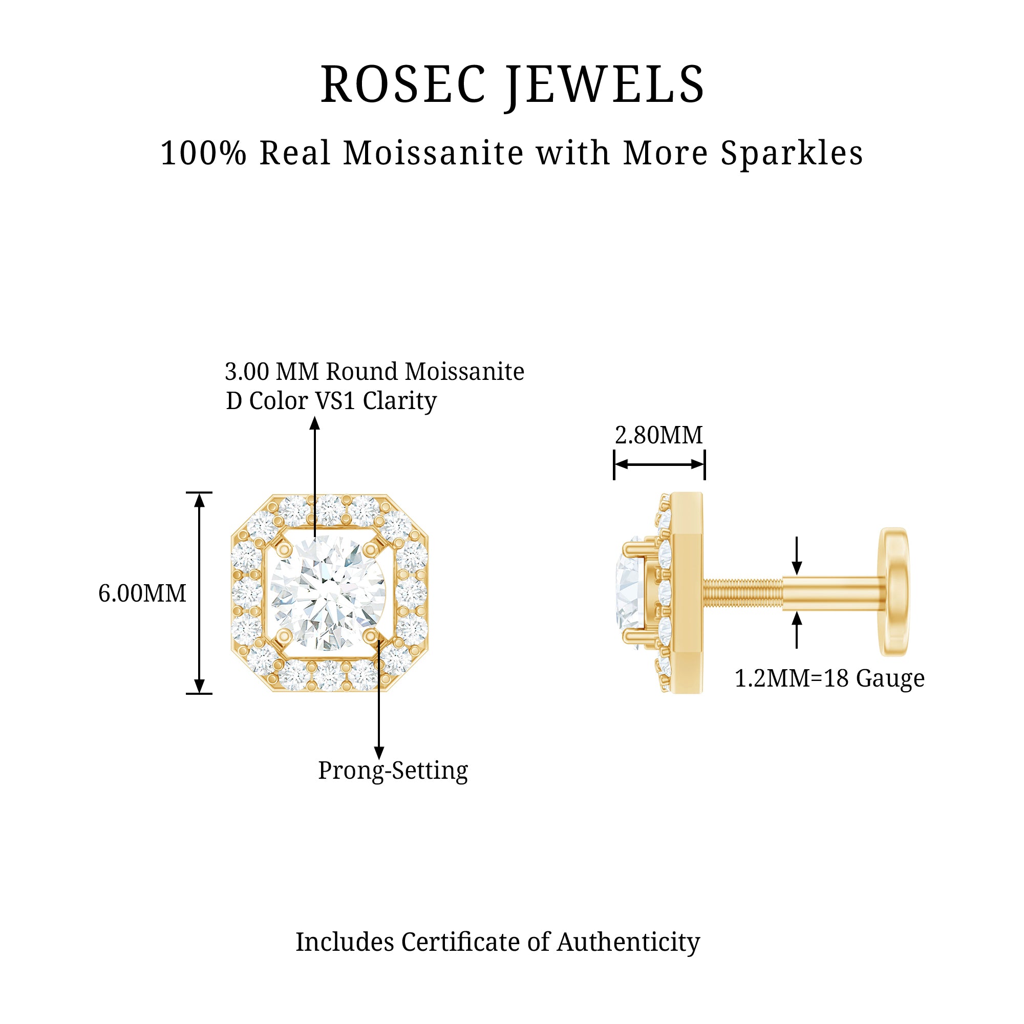 Certified Moissanite Halo Earring for Helix Piercing D-VS1 - Rosec Jewels