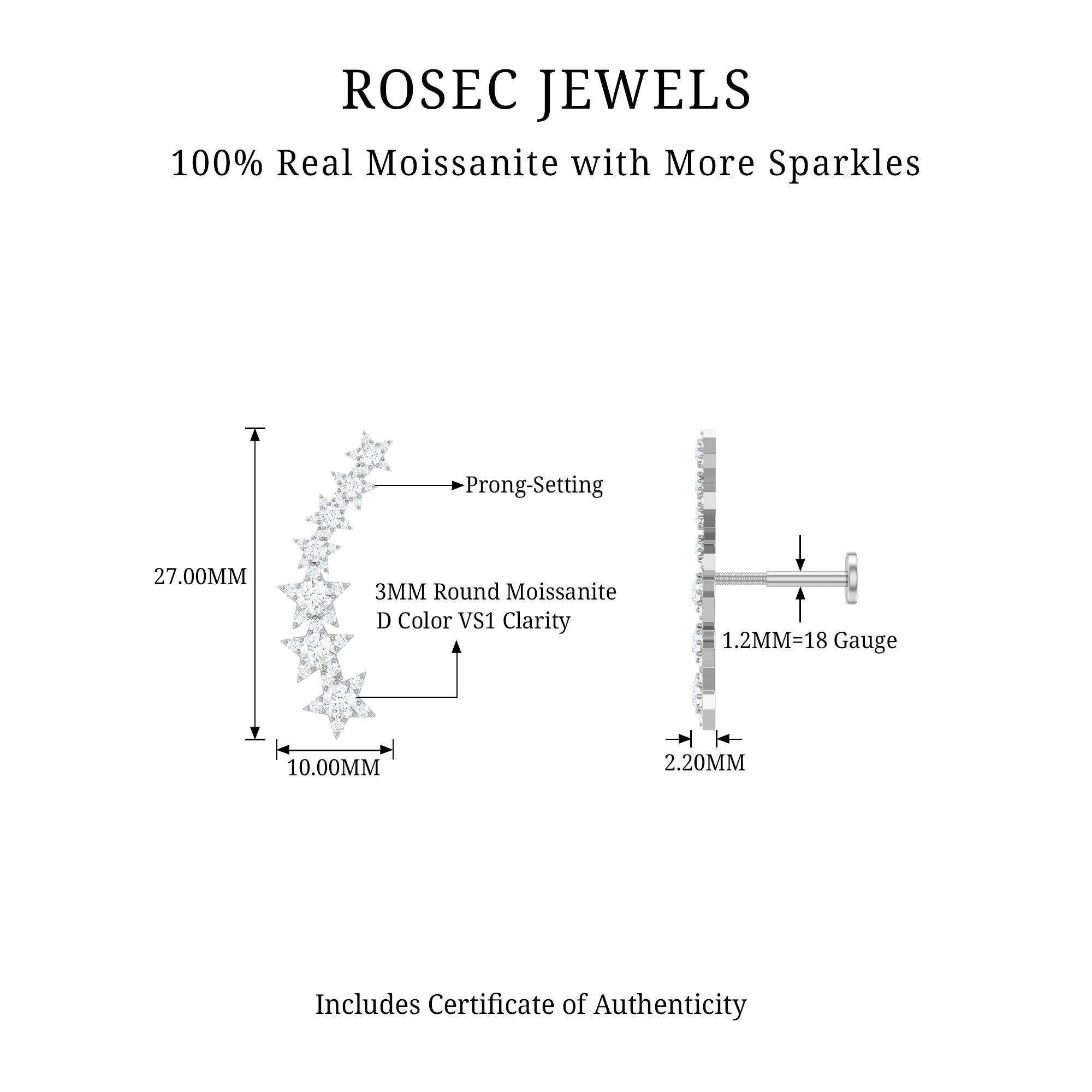 Certified Moissanite Star Ear Climber Earring D-VS1 - Rosec Jewels