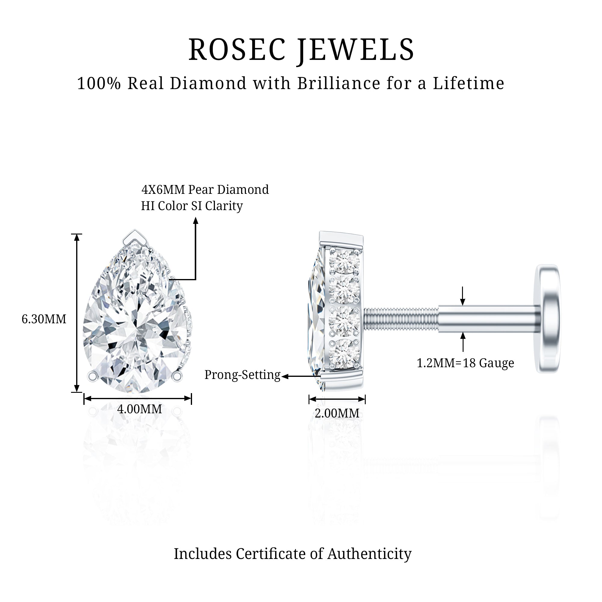 Pear Shaped Diamond Solitaire Tragus Earring Natural - ( HI-SI ) - Rosec Jewels
