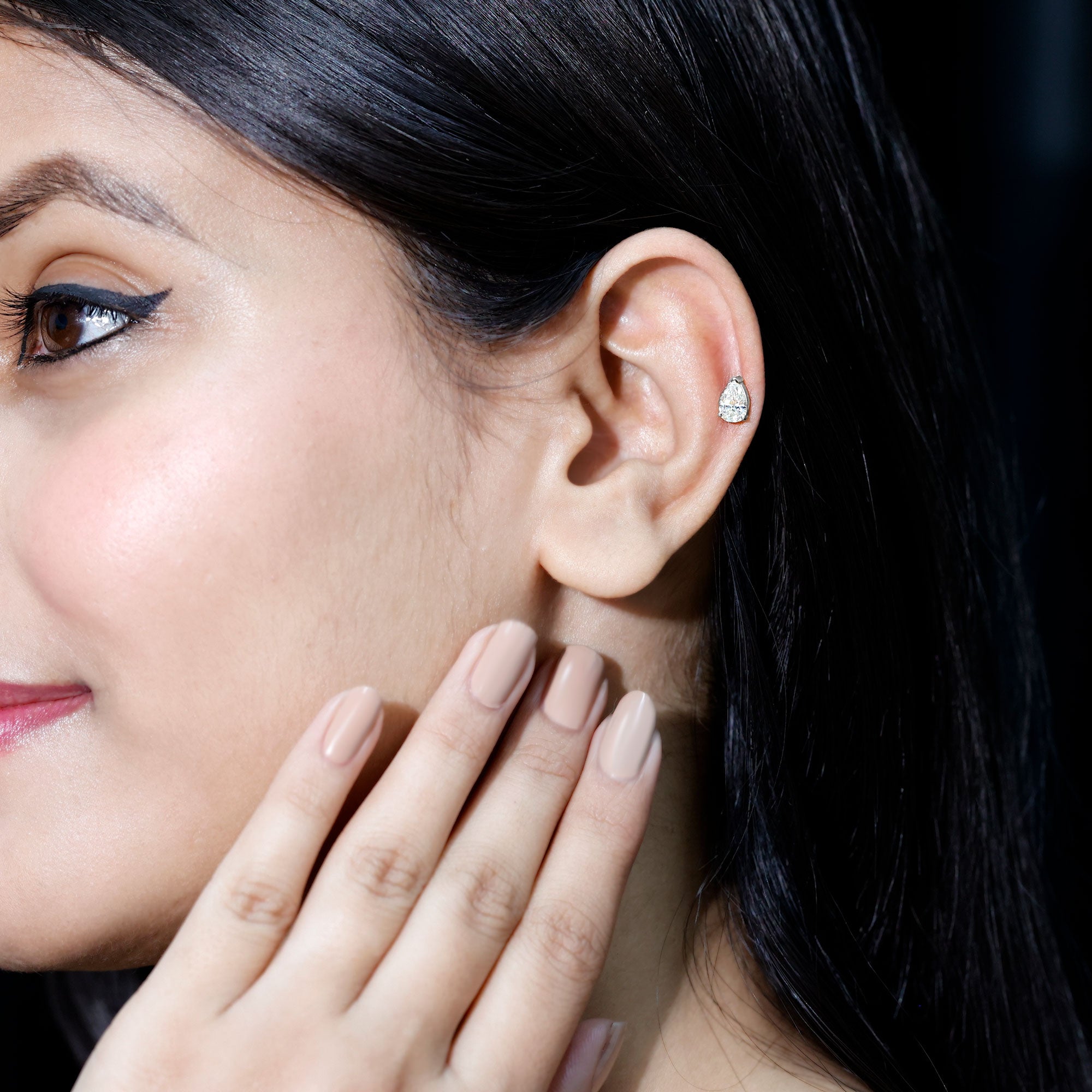Pear Shaped Diamond Solitaire Tragus Earring Natural - ( HI-SI ) - Rosec Jewels