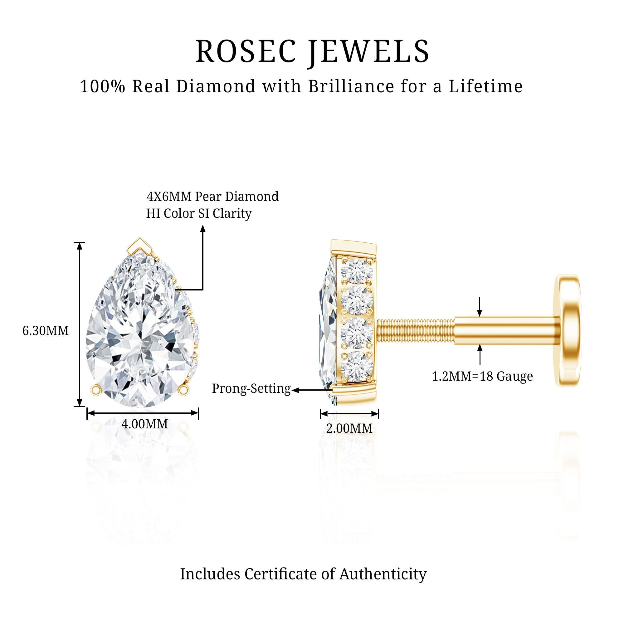 Pear Shaped Diamond Solitaire Tragus Earring Natural - ( HI-SI ) - Rosec Jewels