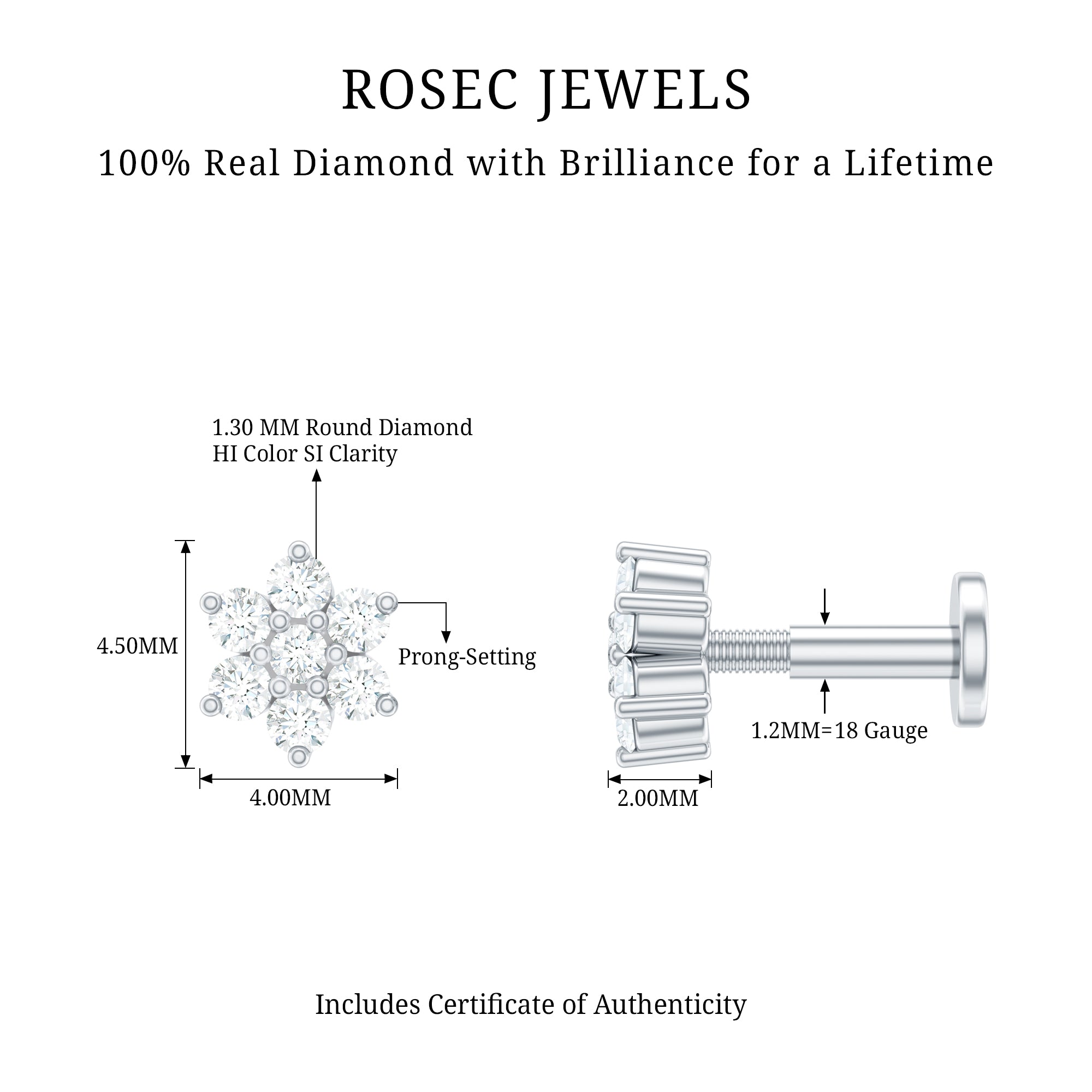 Round Cut Natural Diamond Flower Nose Stud For Women Natural - ( HI-SI ) - Rosec Jewels