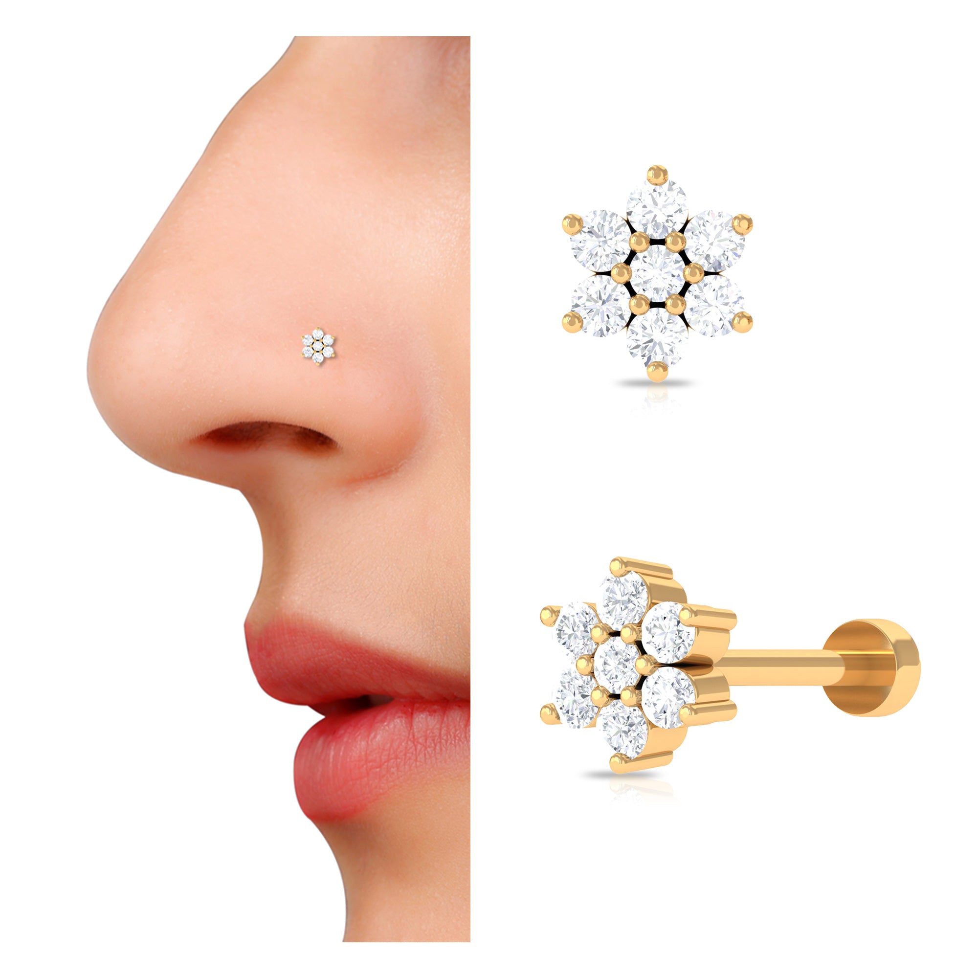 Round Cut Natural Diamond Flower Nose Stud For Women Natural - ( HI-SI ) - Rosec Jewels