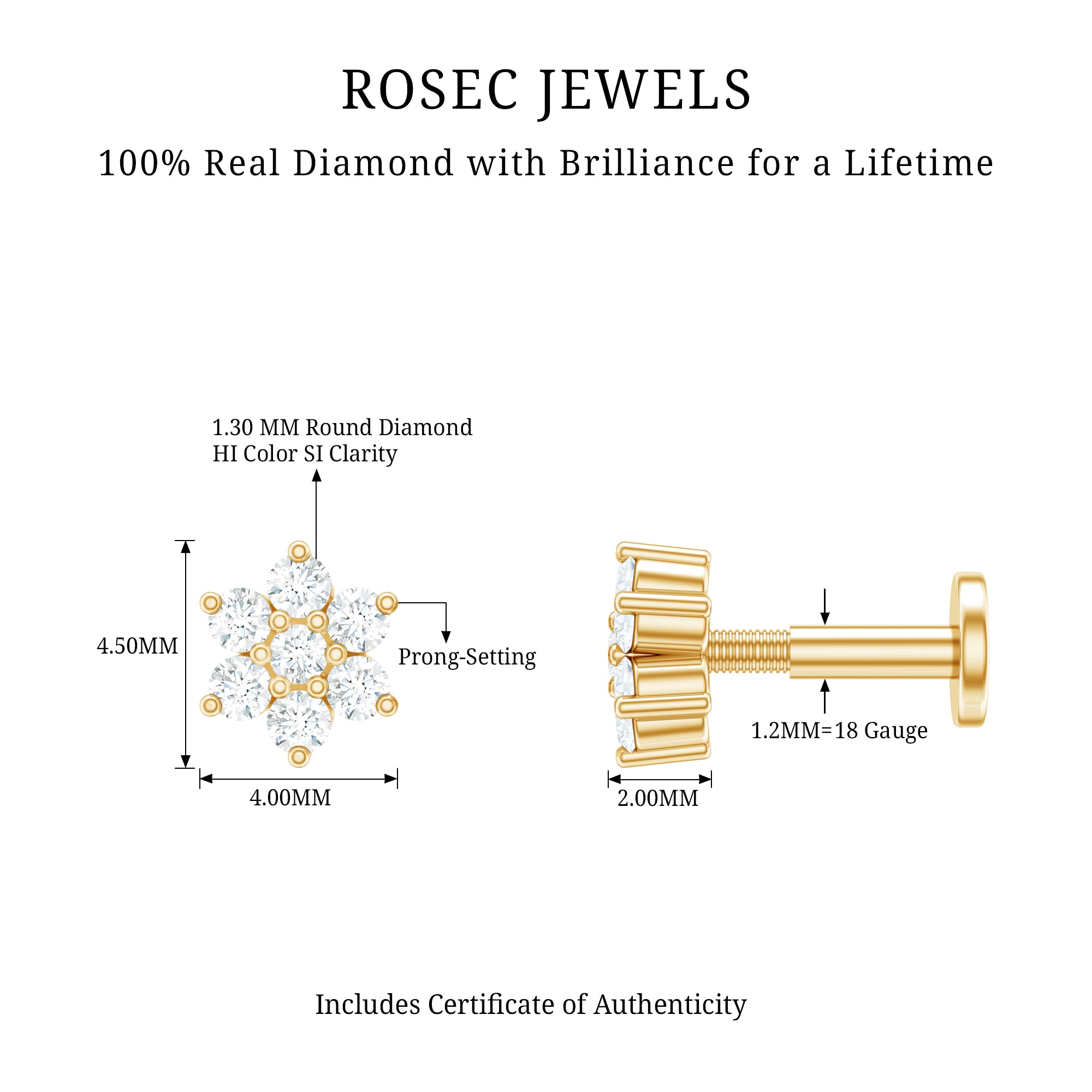 Round Cut Natural Diamond Flower Nose Stud For Women Natural - ( HI-SI ) - Rosec Jewels