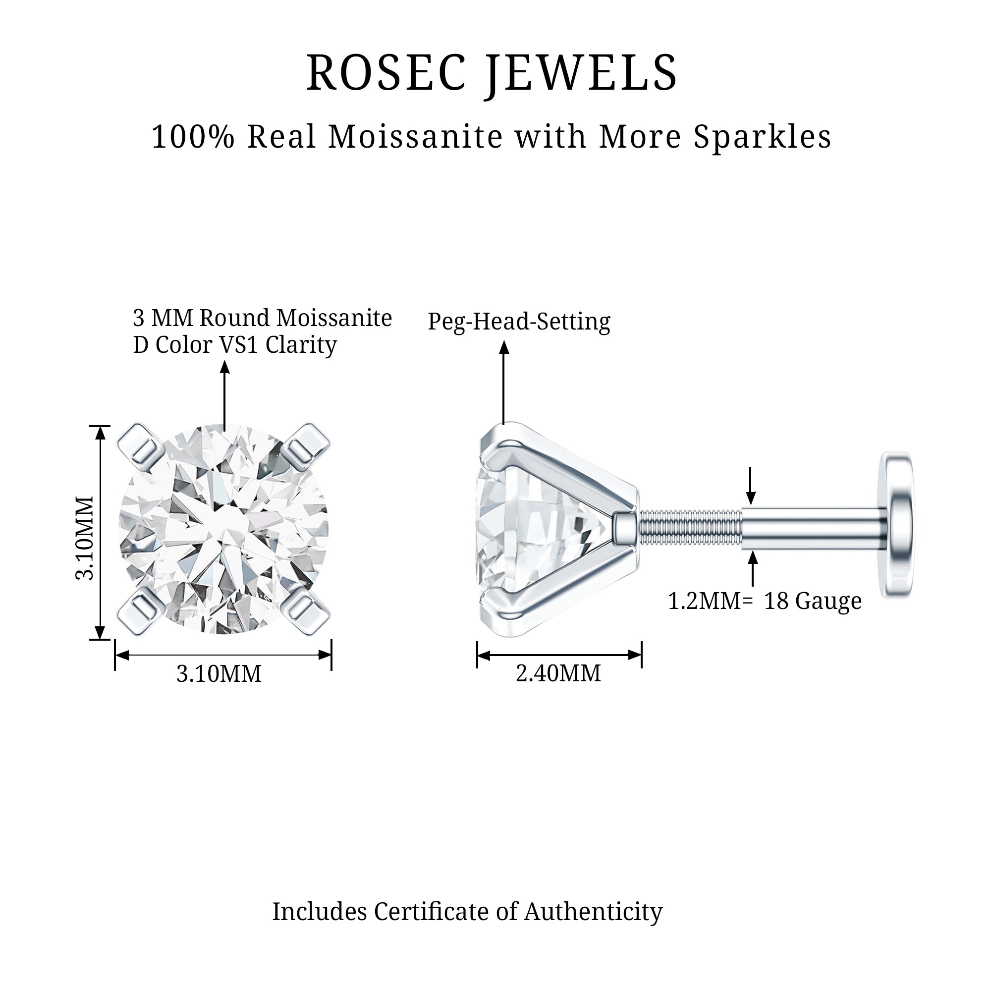 Round Shape Moissanite Solitaire Nose Pin D-VS1 - Rosec Jewels