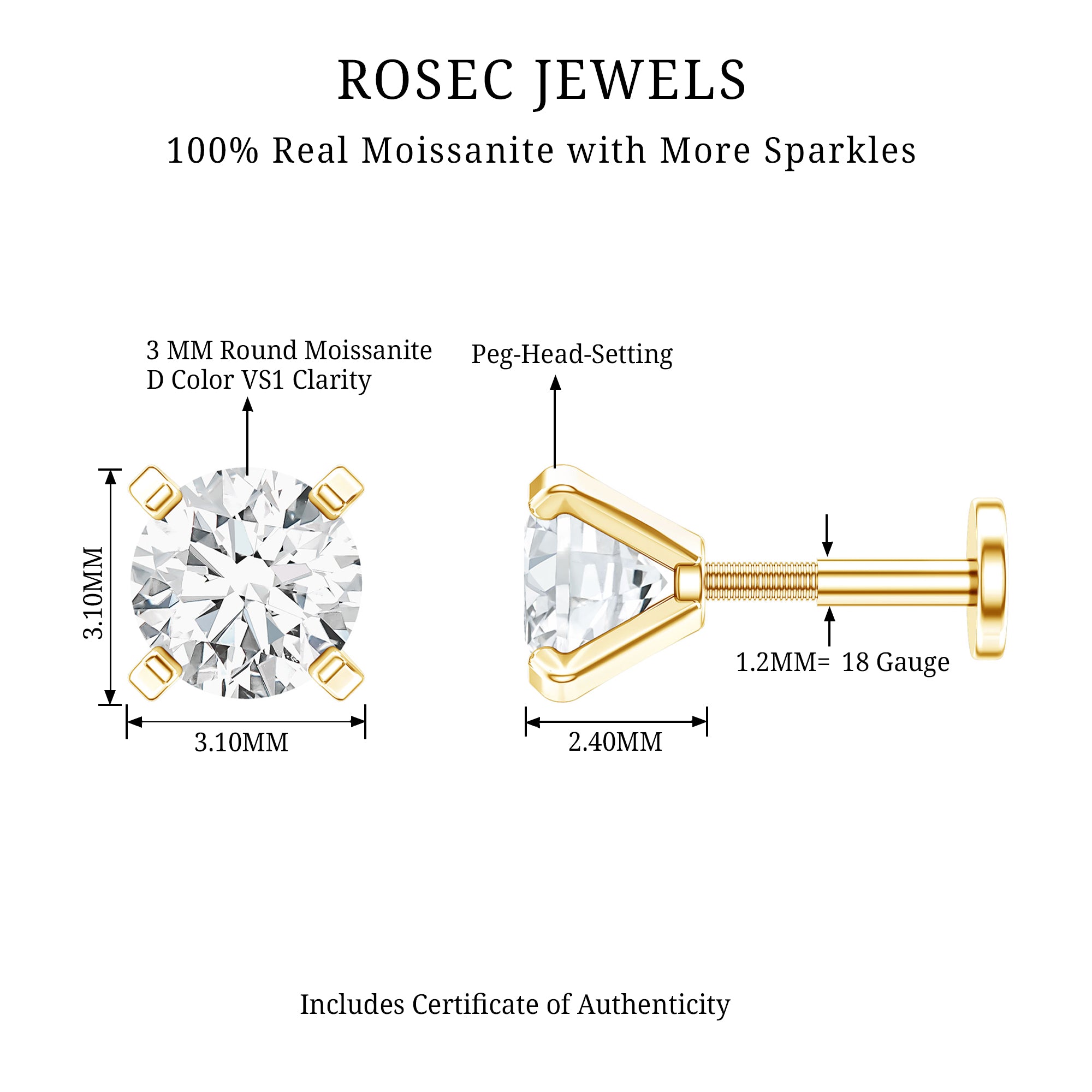 Round Shape Moissanite Solitaire Nose Pin D-VS1 - Rosec Jewels