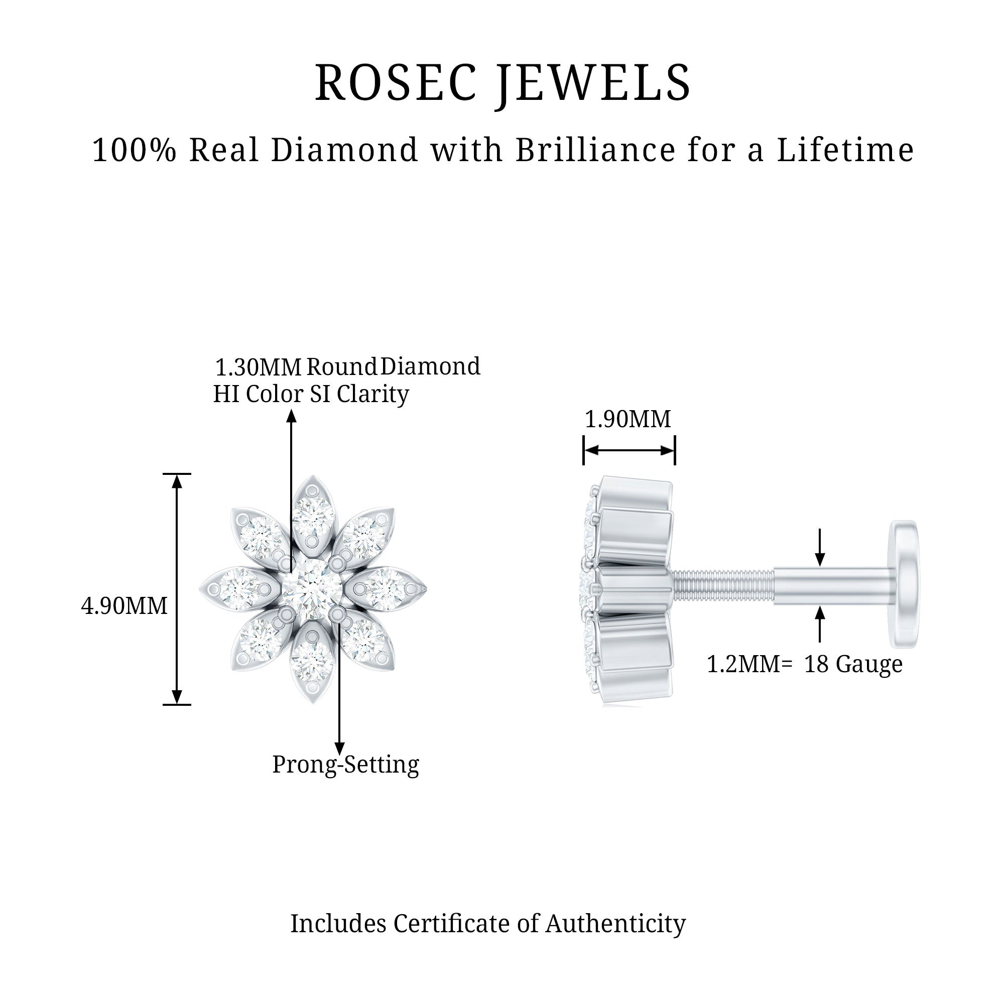 Flower Diamond Nose Ring Stud for Women Natural - ( HI-SI ) - Rosec Jewels