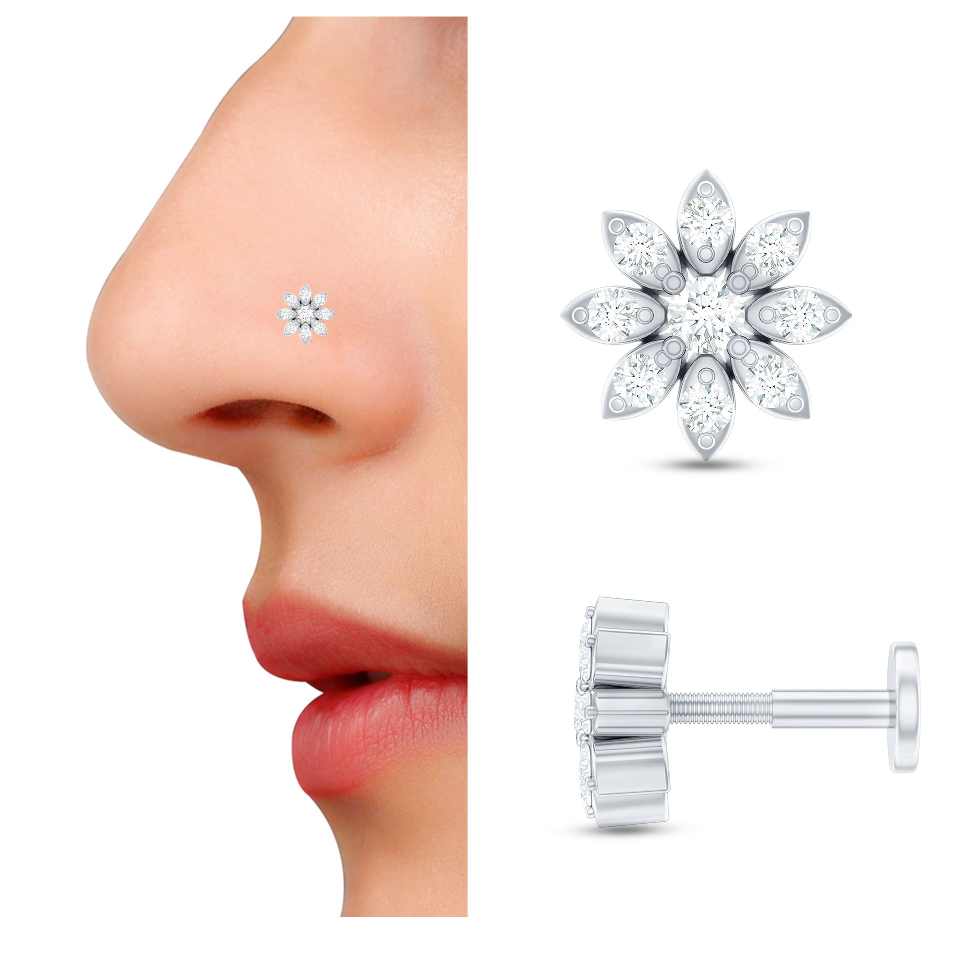 Flower Diamond Nose Ring Stud for Women Natural - ( HI-SI ) - Rosec Jewels