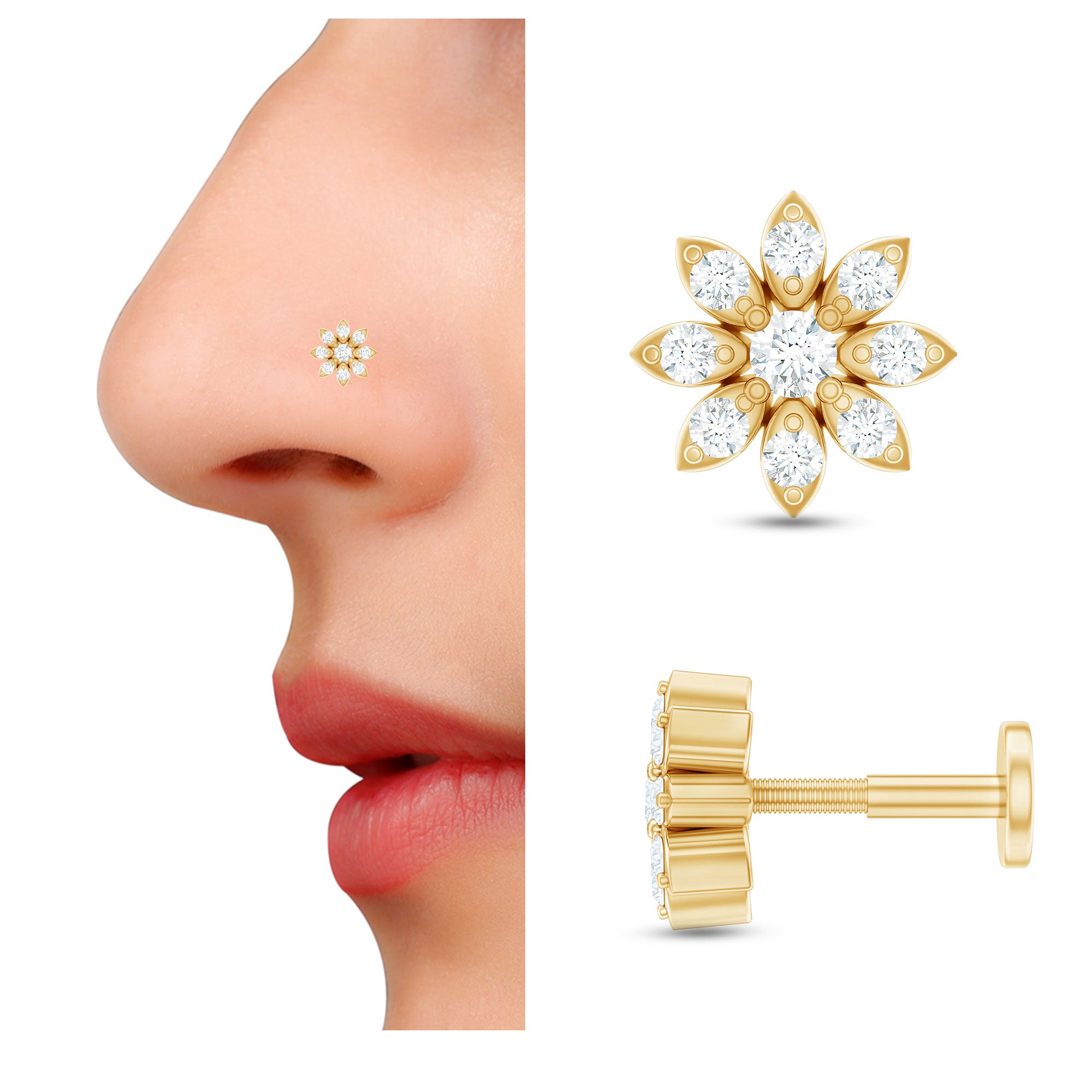 Flower Diamond Nose Ring Stud for Women Natural - ( HI-SI ) - Rosec Jewels