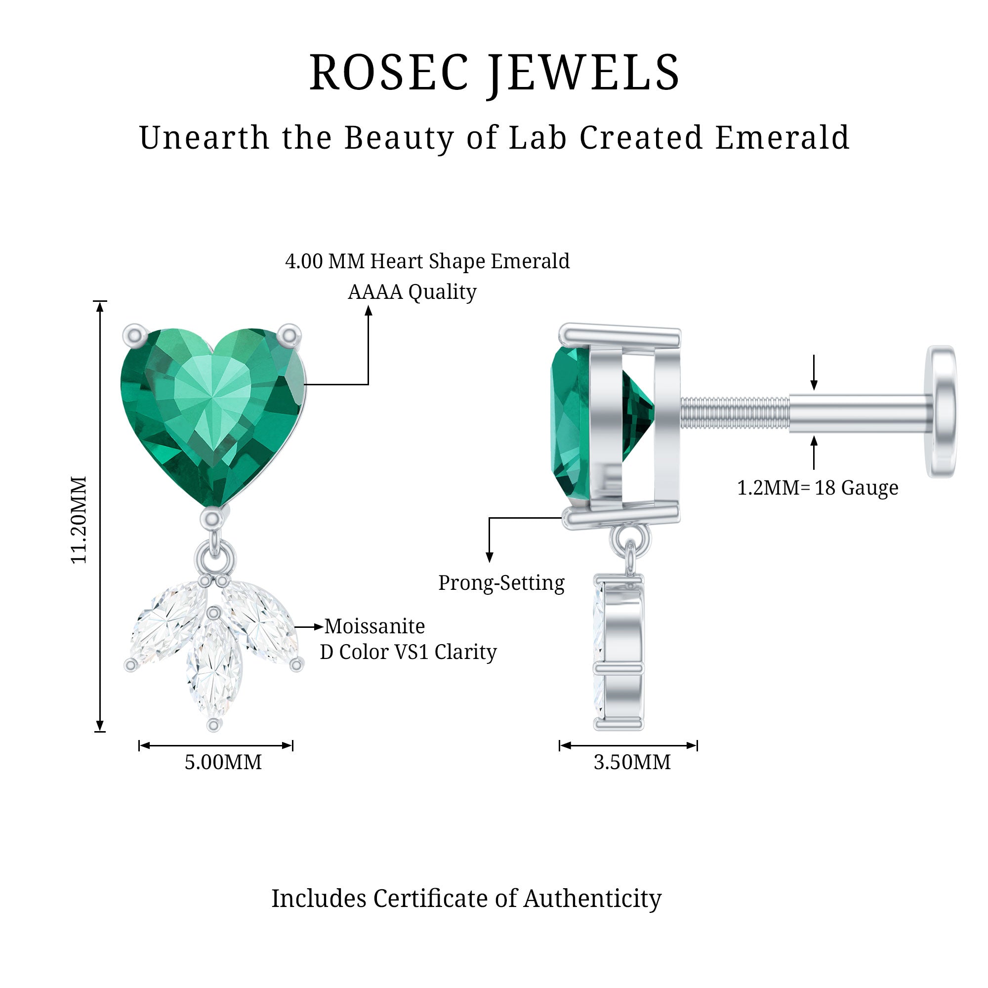 Heart Shape Lab Created Emerald and Diamond Helix Drop Earring AAAA - Rosec Jewels