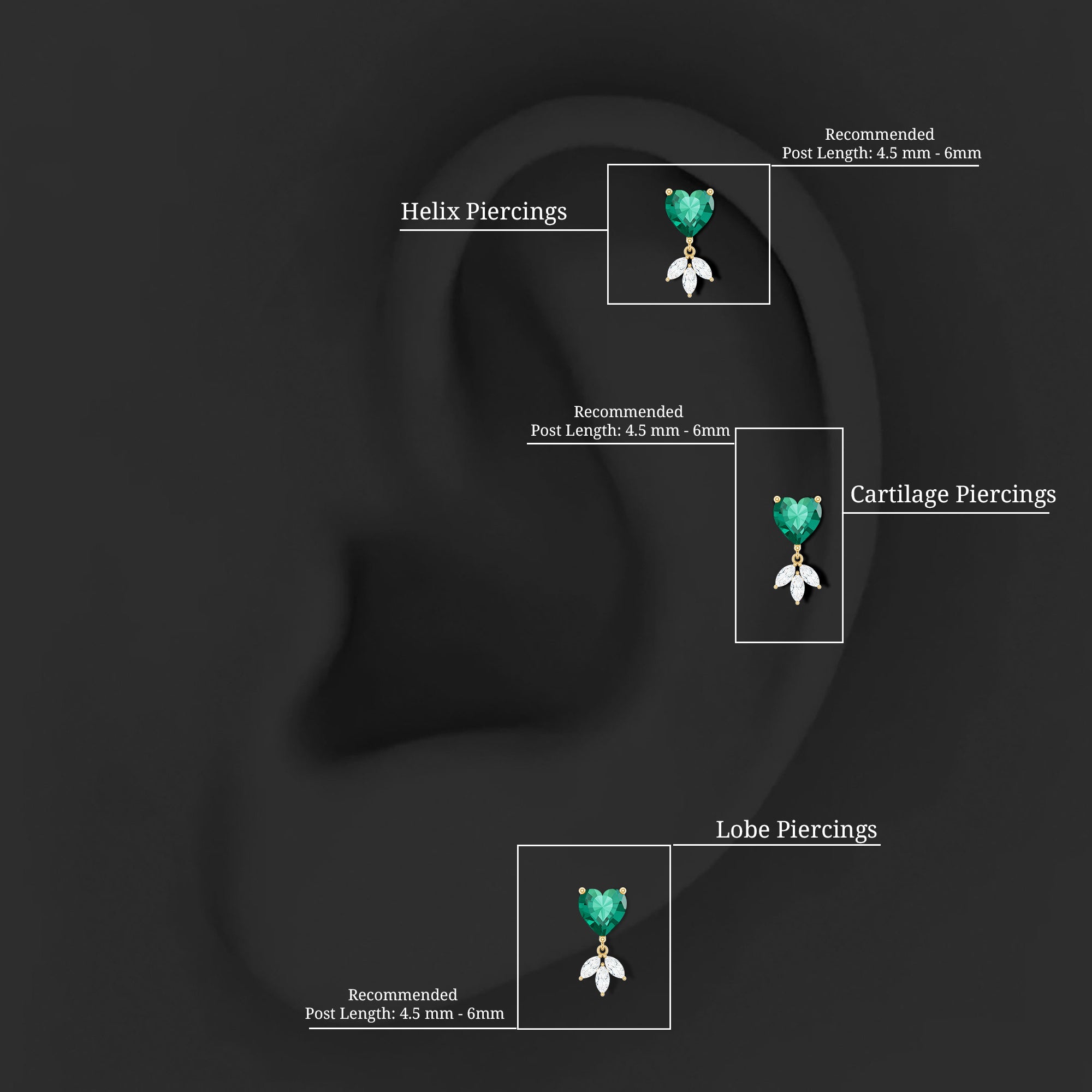 Heart Shape Lab Created Emerald and Diamond Helix Drop Earring AAAA - Rosec Jewels