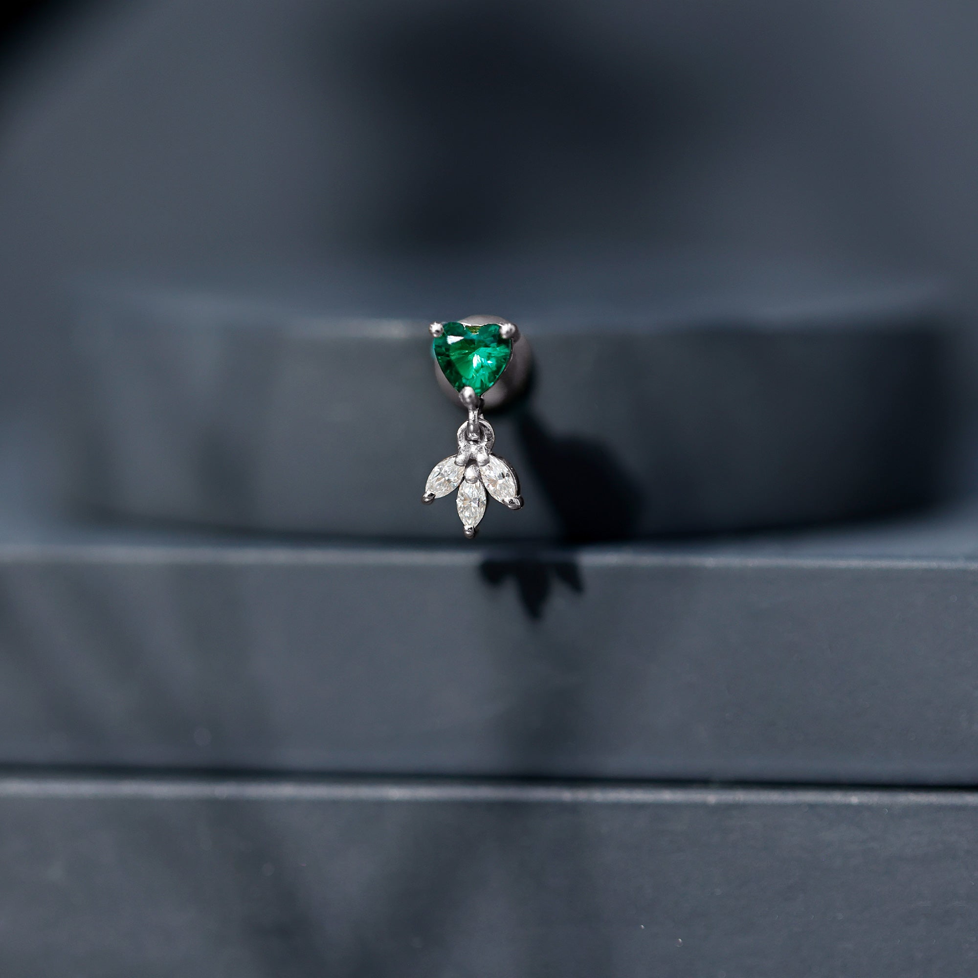 Heart Shape Lab Created Emerald and Diamond Helix Drop Earring AAAA - Rosec Jewels