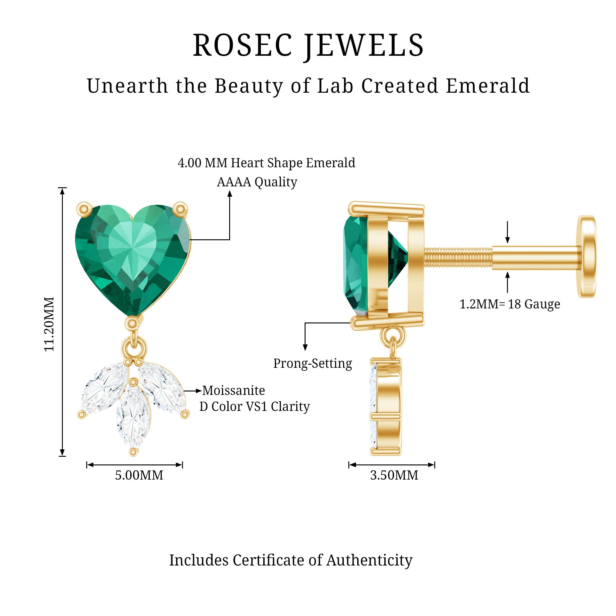 Heart Shape Lab Created Emerald and Diamond Helix Drop Earring AAAA - Rosec Jewels