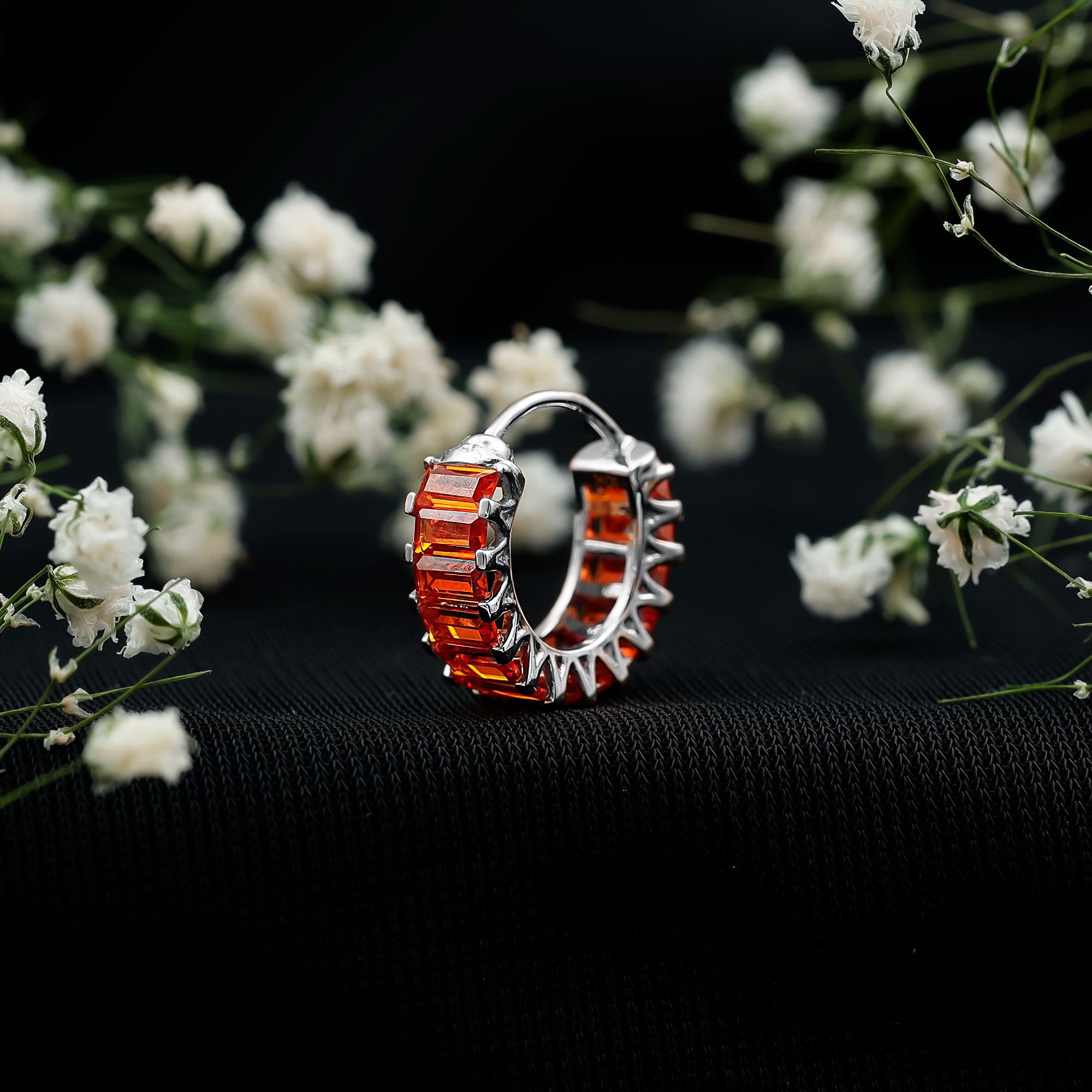 Baguette Cut Lab Grown Orange Sapphire Conch Hoop Earring AAAA - Rosec Jewels