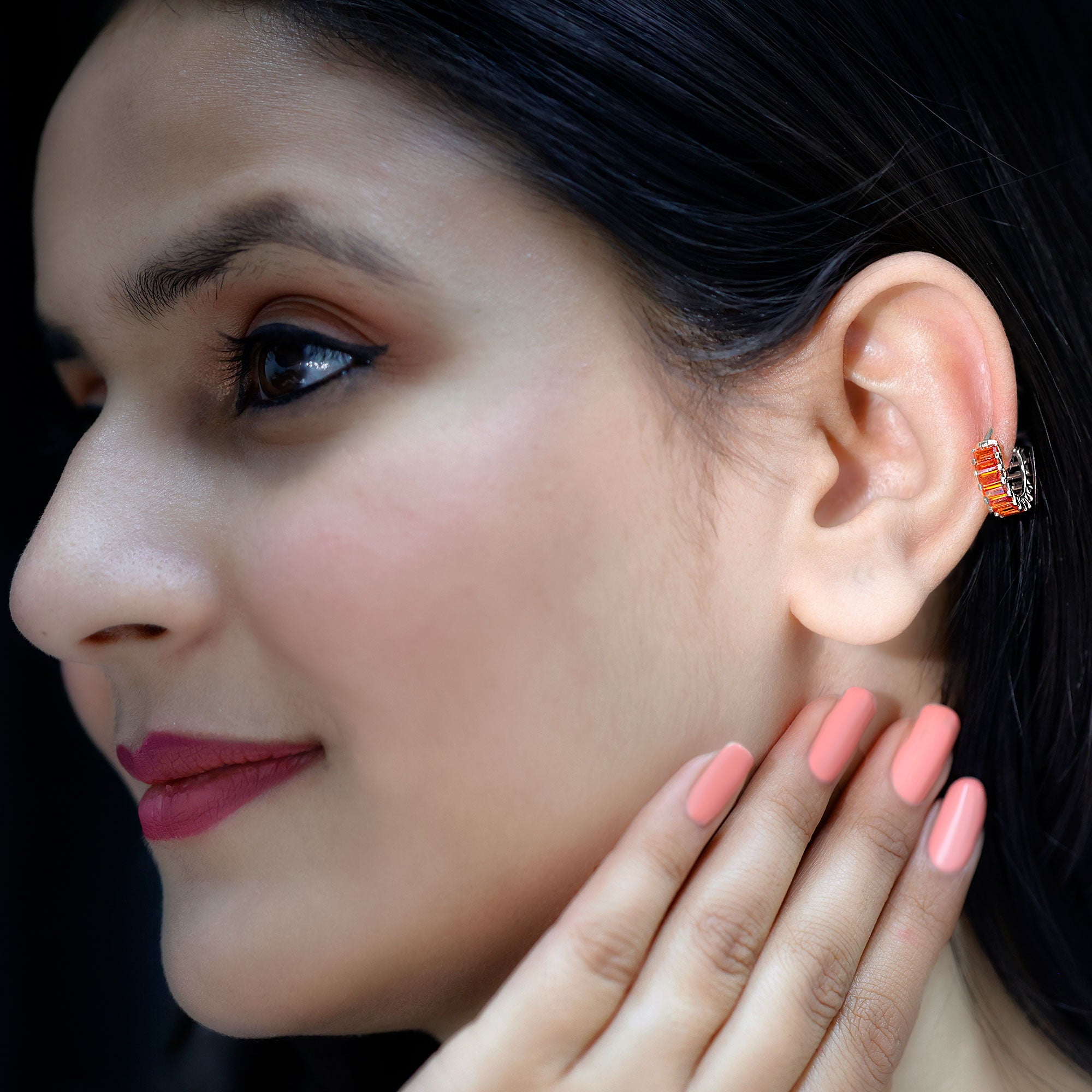 Baguette Cut Lab Grown Orange Sapphire Conch Hoop Earring AAAA - Rosec Jewels