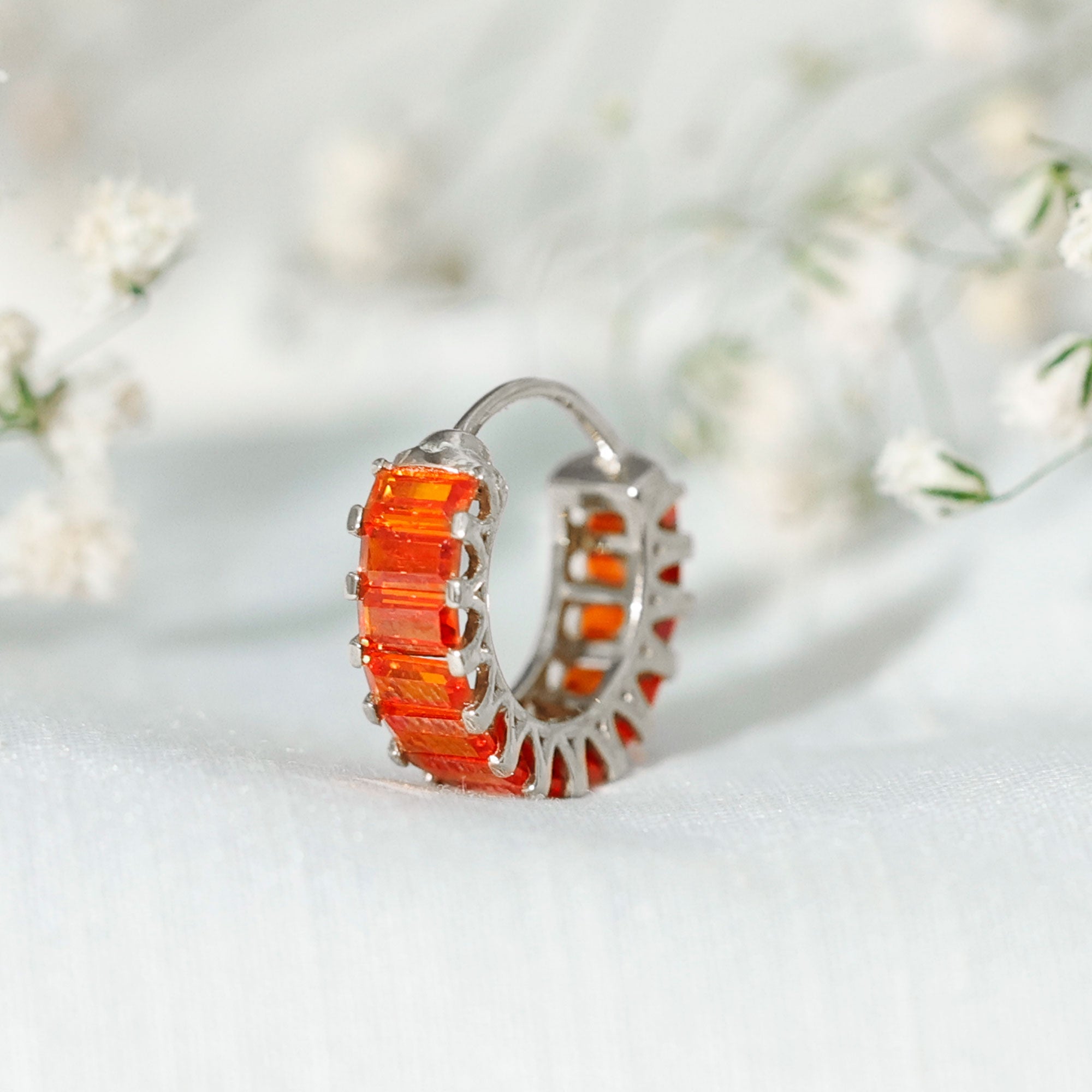 Baguette Cut Lab Grown Orange Sapphire Conch Hoop Earring AAAA - Rosec Jewels