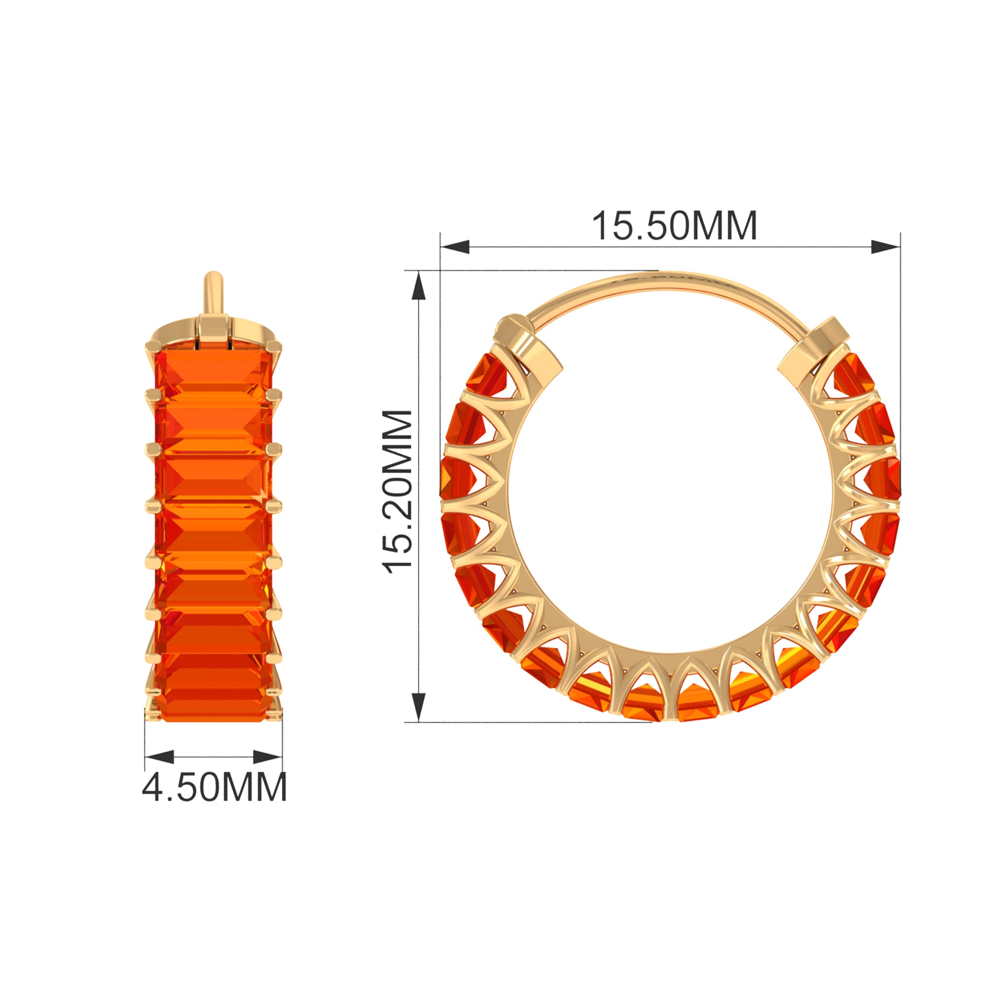 Baguette Cut Lab Grown Orange Sapphire Conch Hoop Earring AAAA - Rosec Jewels