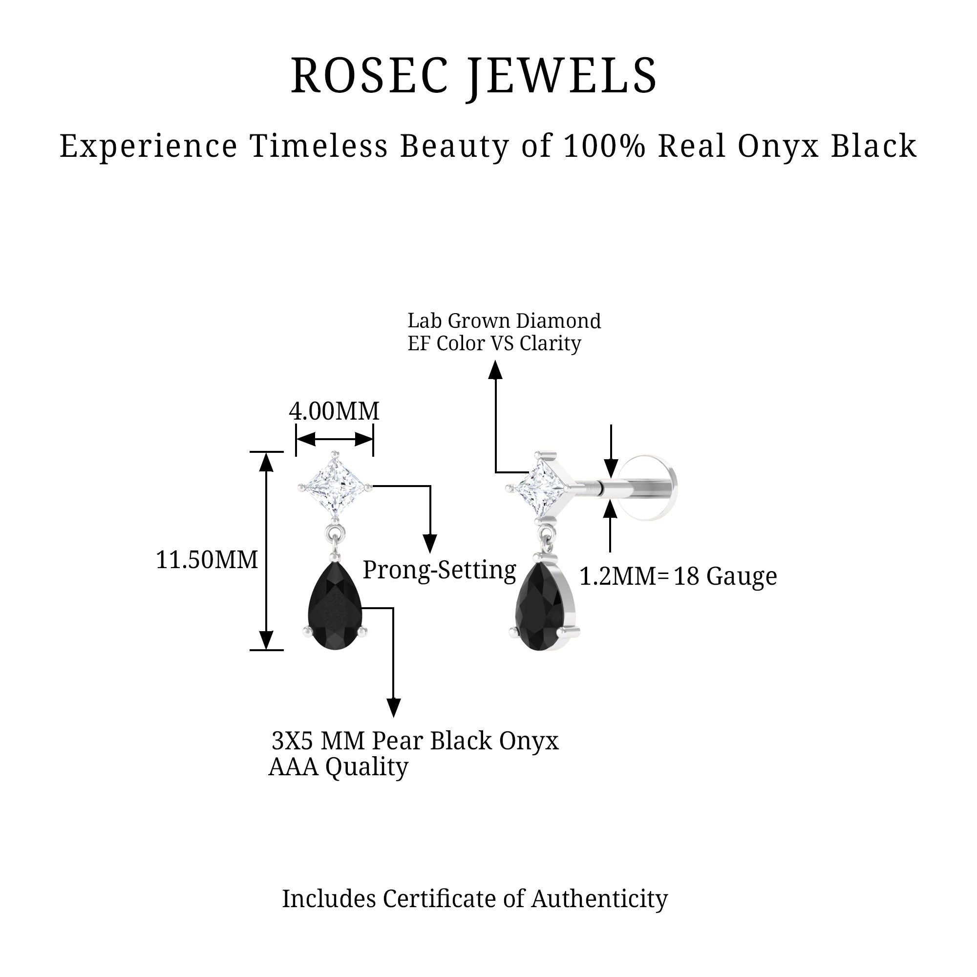 Pear Shape Black Onyx and Diamond Dangling Helix Earring AAA - Rosec Jewels