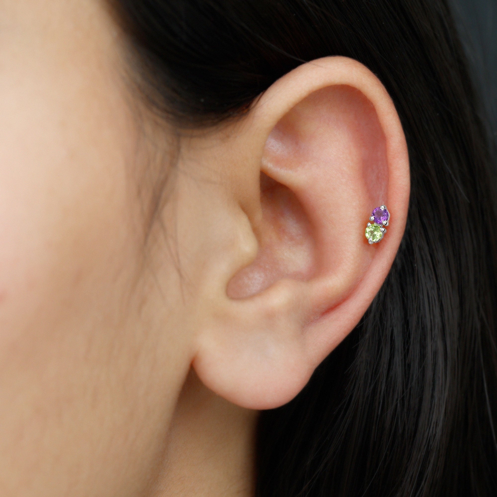 Real Amethyst and Peridot Two Stone Helix Earring AAA - Rosec Jewels