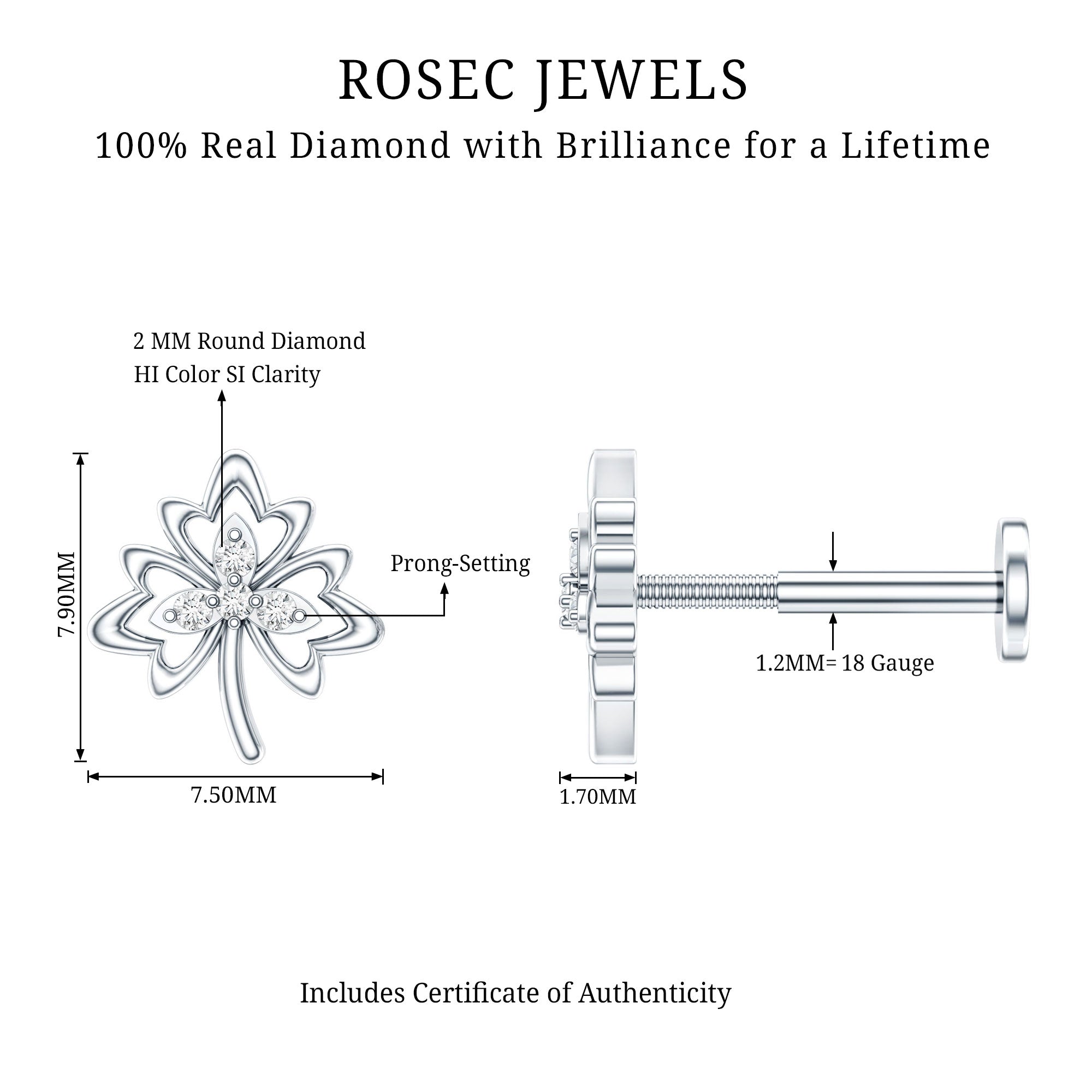 Diamond Nature Inspired Earring for Helix Piercing Natural - ( HI-SI ) - Rosec Jewels