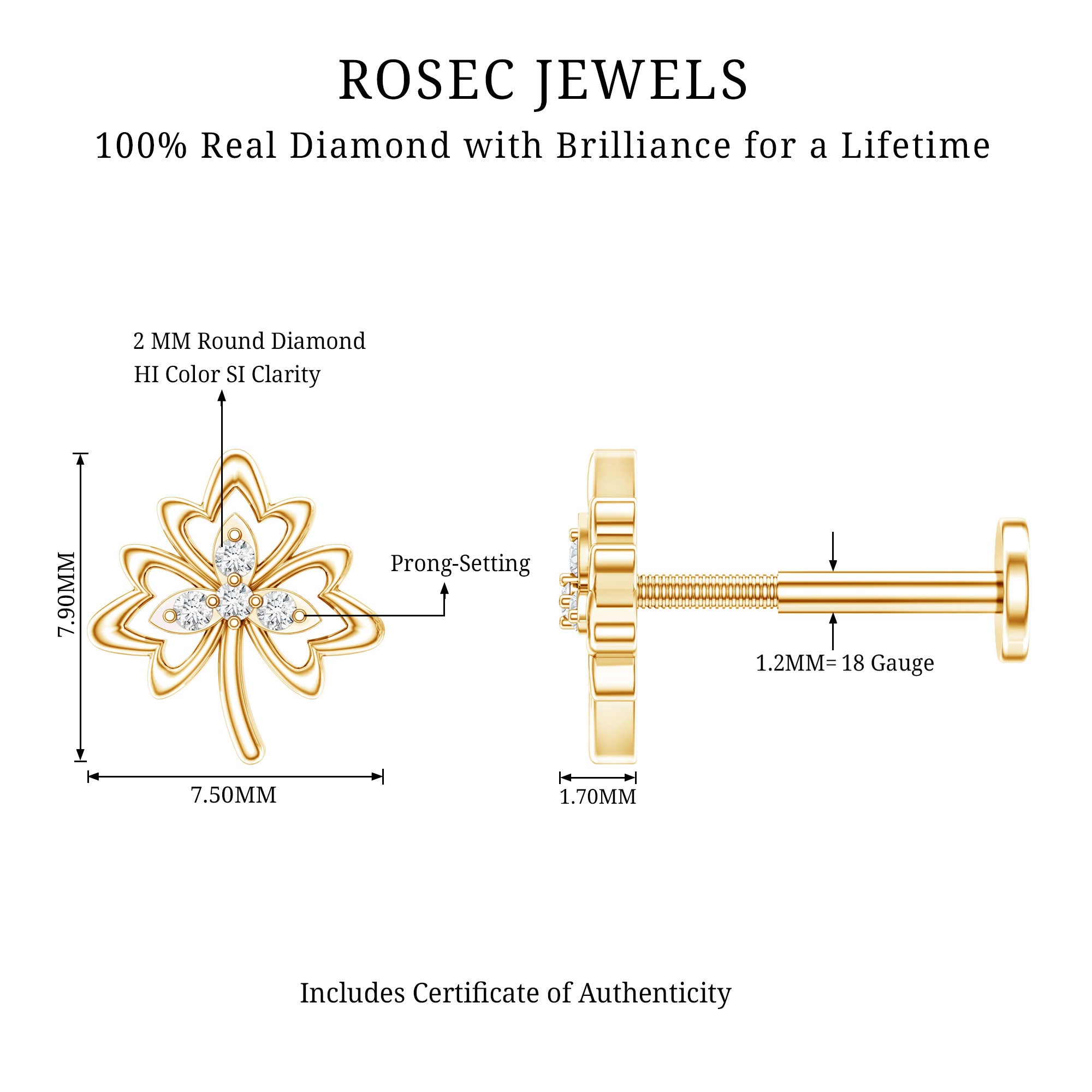 Diamond Nature Inspired Earring for Helix Piercing Natural - ( HI-SI ) - Rosec Jewels