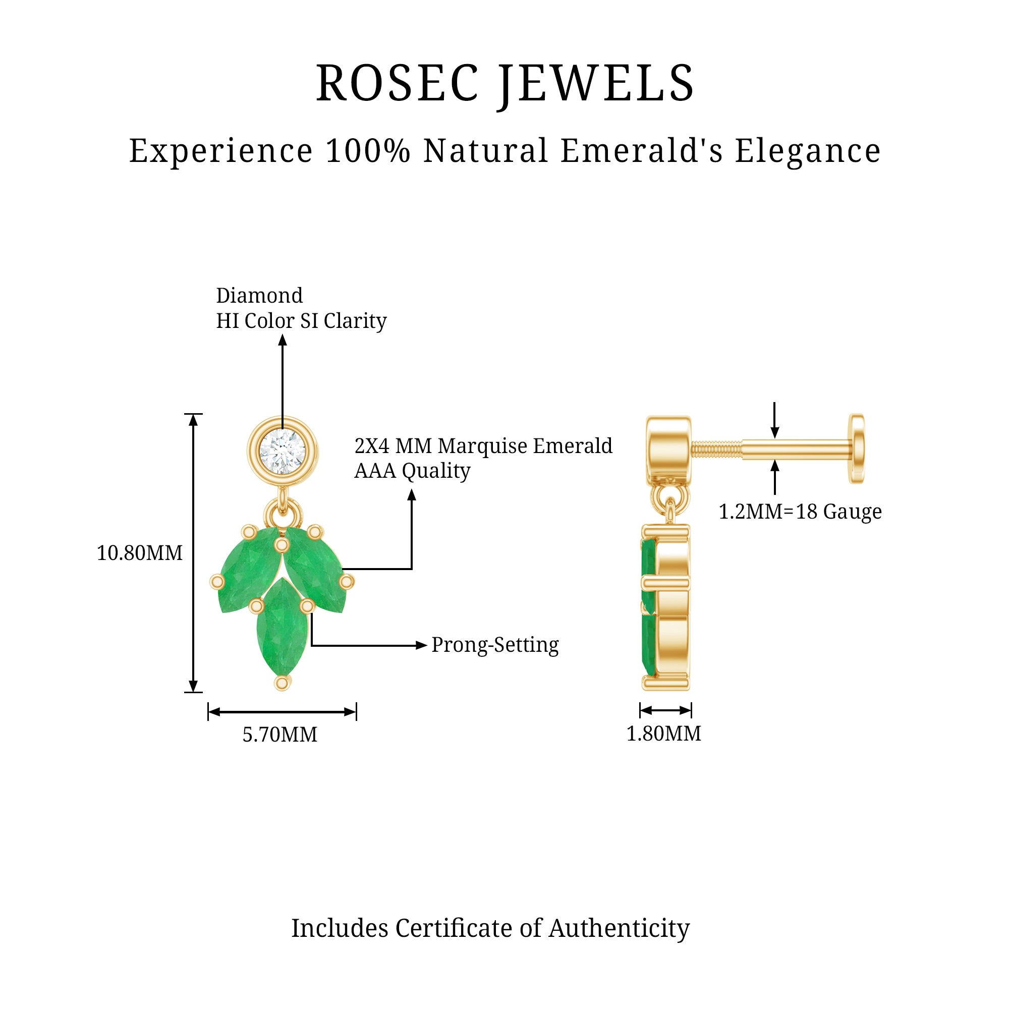 Marquise Emerald Leaf Earring for Helix Piercing AAA - Rosec Jewels